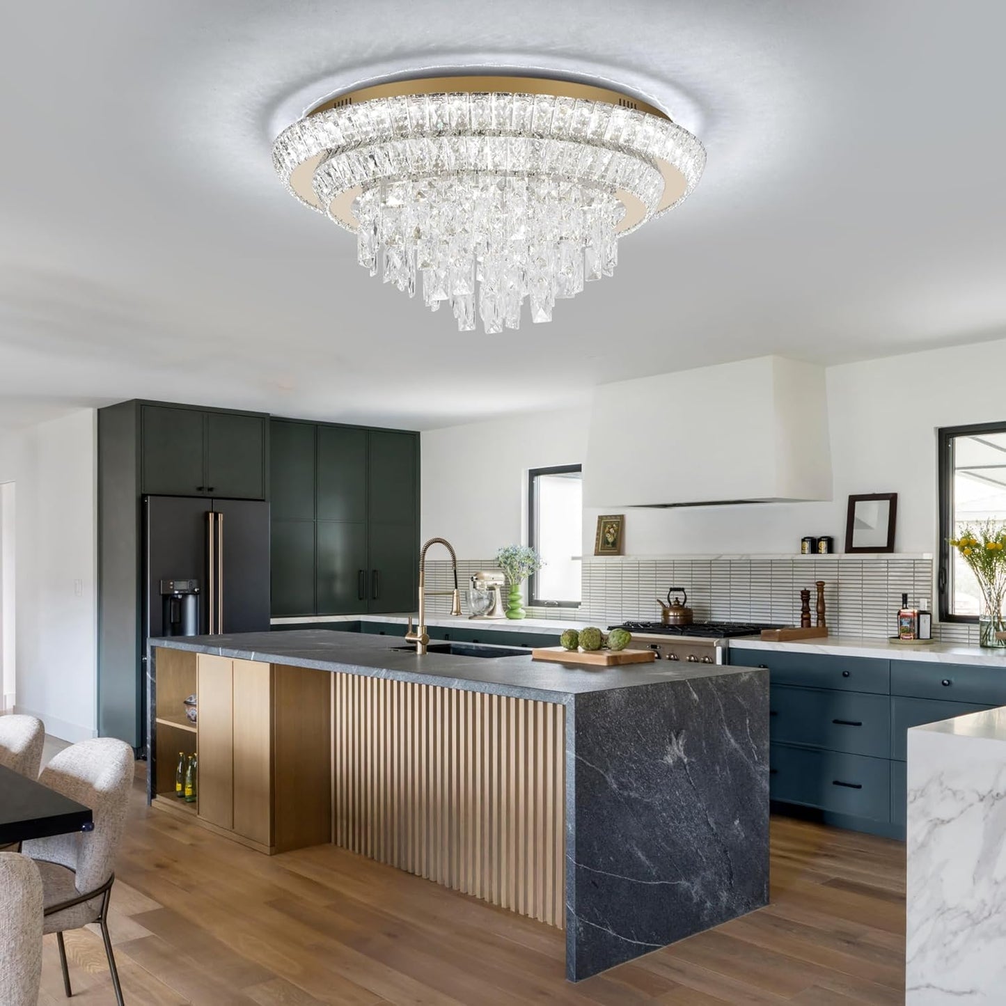 24 inch Crystal Gold Ceiling-Light Flush Mount with Remote Control and APP, 3CCT Dimmable & Brightness Adjustable, Modern Crystal Raindrop Chandeliers for Bedroom Hallway Dinning Room Living Room