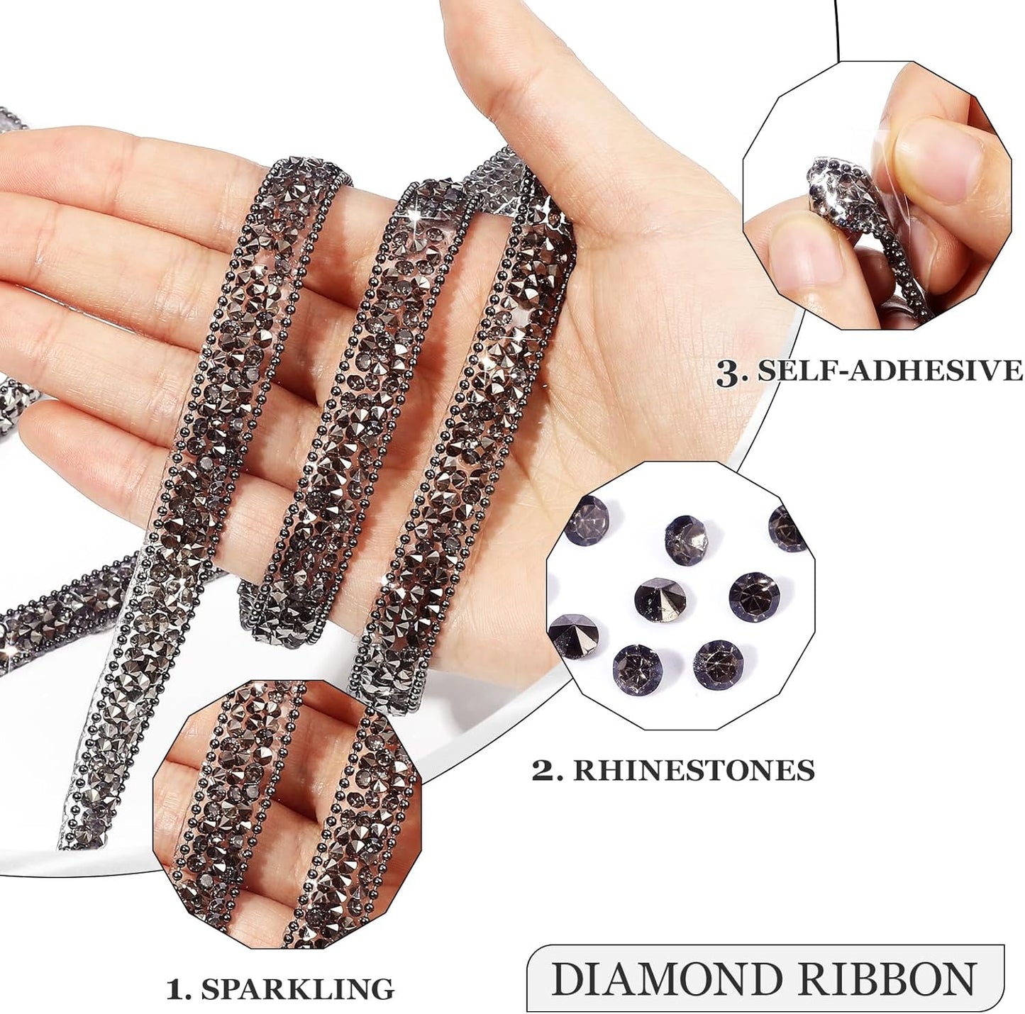 Rhinestone Ribbon 6 Yards Self Adhesive Rhinestone Strips Diamond Ribbon Sticker Crystal Roll Glitter Bling Rhinestones Tape for Crafting DIY Art Decoration (Jet Hematite,0.4 Inch)