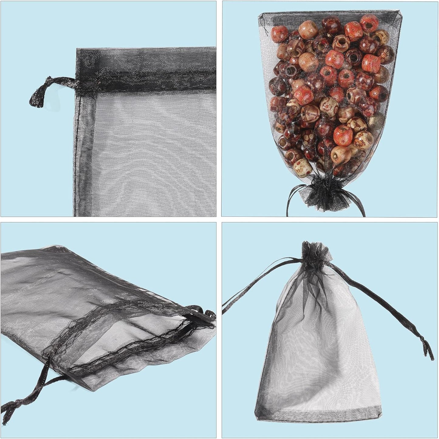 ANZNKU 100 Pack Premium Organza Bags, Black Drawstring Wedding Favor, 4x6 Inches Small Mesh for Halloween, Jewelry, Party, Christmas - Sheer Gift