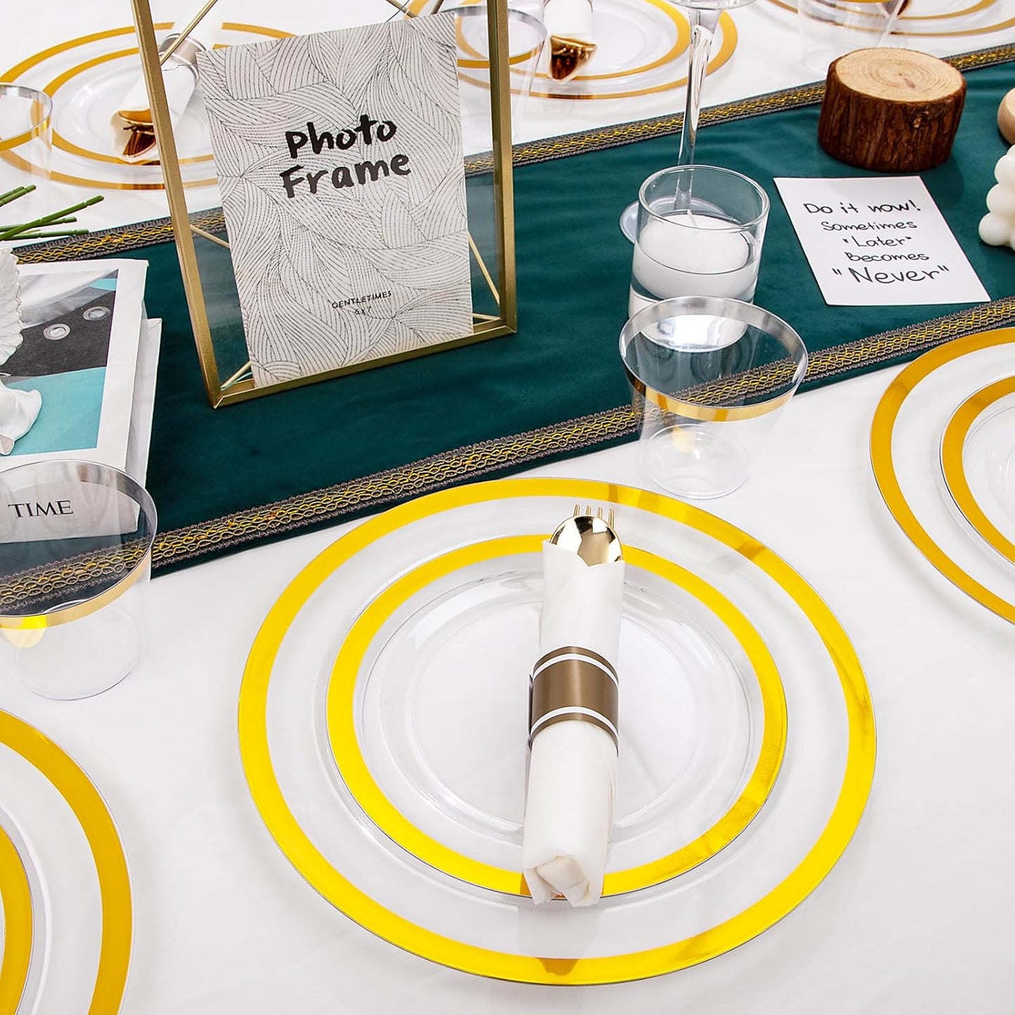 Rubtlamp 350 Pcs Clear Gold Plastic Plates, Disposable Dinnerware, Clear-Gold Plates Set Include 50 Dinner Platos 50 Dessert Platos, 50 Cups, 50 Pre Rolled Napkins with Cutlery Set for Party