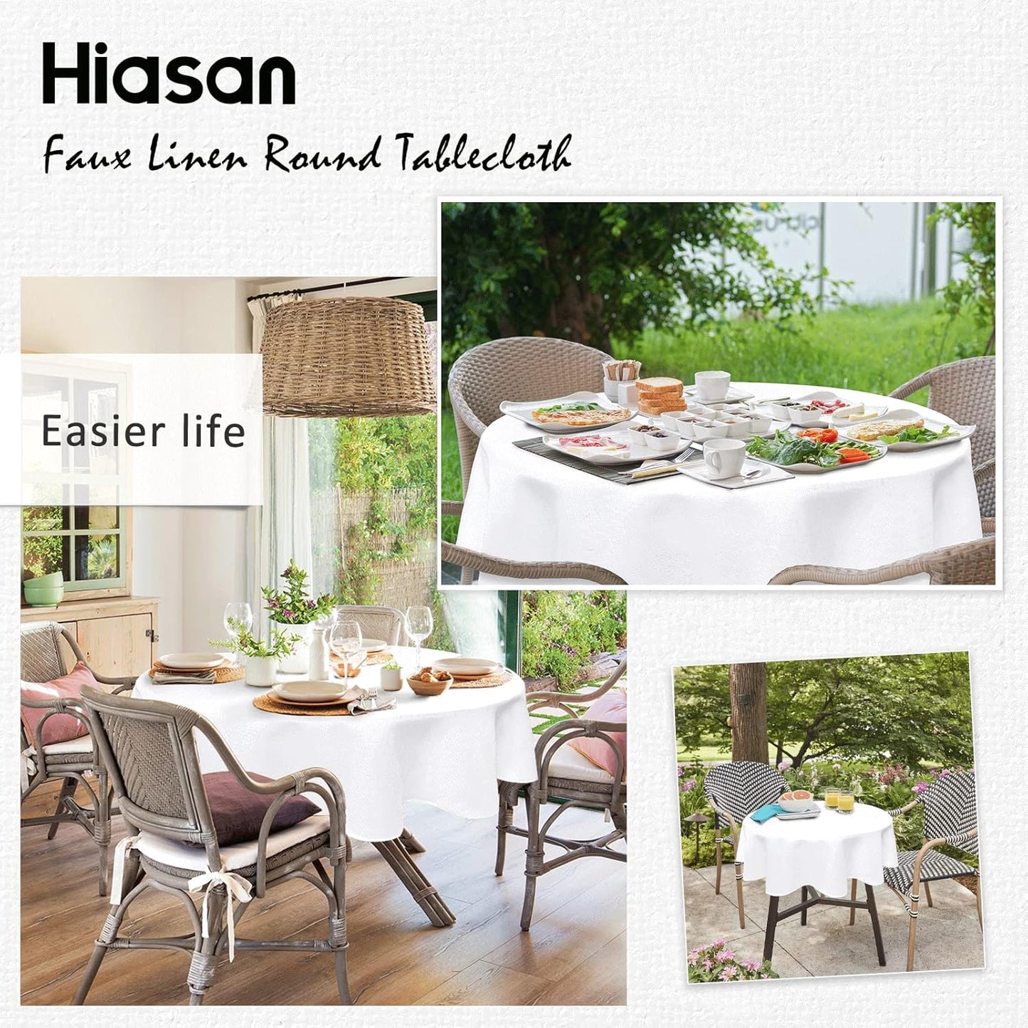 Hiasan Round Linen Tablecloth 120 Inch - Wrinkle and Stain Resistant Washable Polyester Fabric Table Cloth for Dining Room Kitchen Party, White