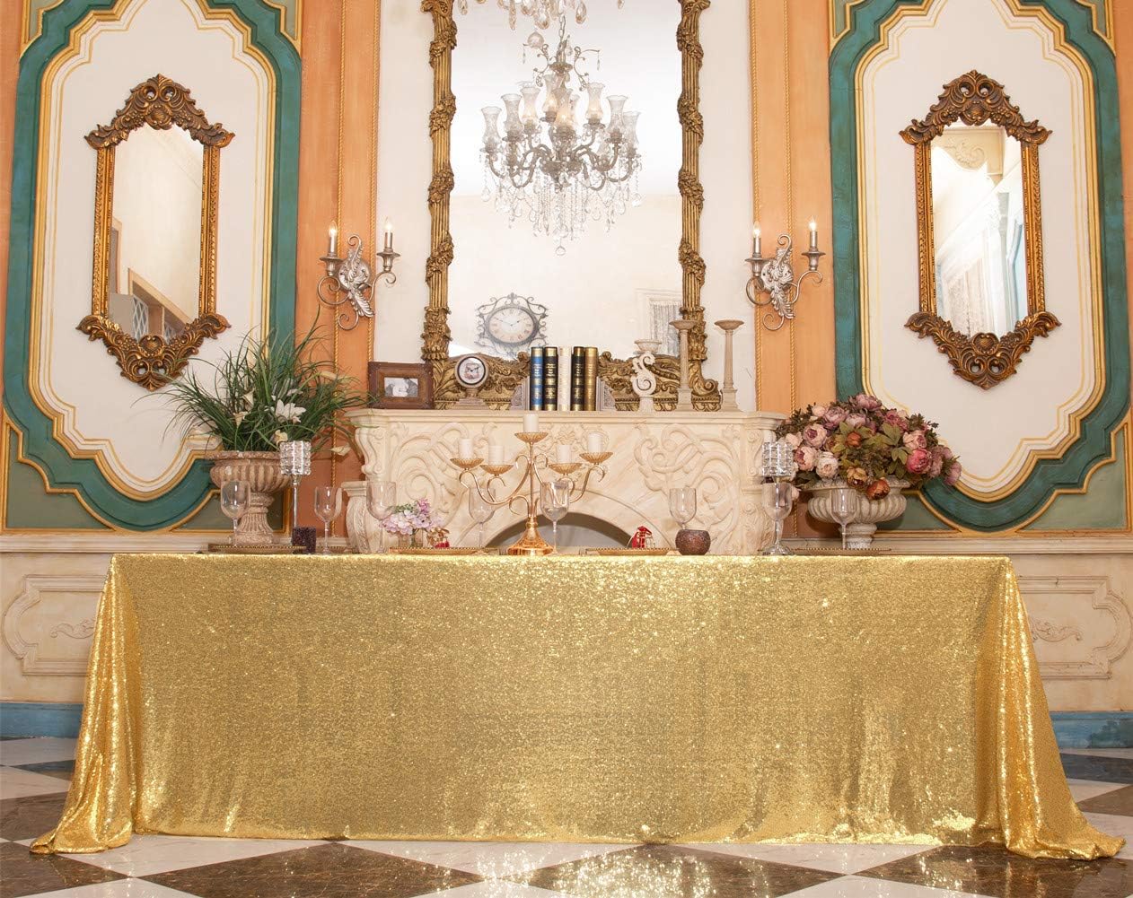 SquarePie Sequin Tablecloth 90 x 132 Inch Gold Sparkly Table Cloth for Wedding Party