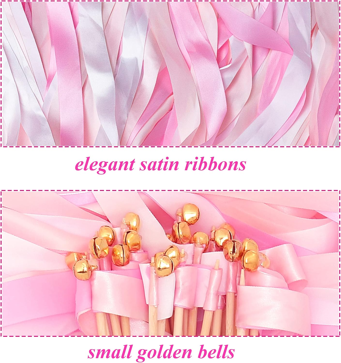60 Pieces Wedding Colorful Ribbon with Bells, Party Ribbons Streamers Sticks Magic Wish Fairy Wand for Wedding Party Holiday Activities Favors (Pink-60)