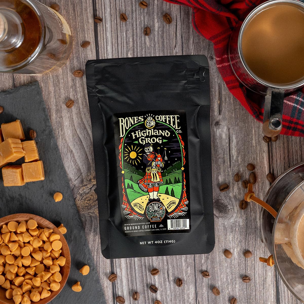 Bones Coffee Company Favorite Flavors Sample Pack Box Set with Specialty Coffee Mug, 5 Assorted Single-Origin Low Acid Medium Roast Arabica Beans Flavored Coffee Gifts, 4 oz Pack of 5 Ground