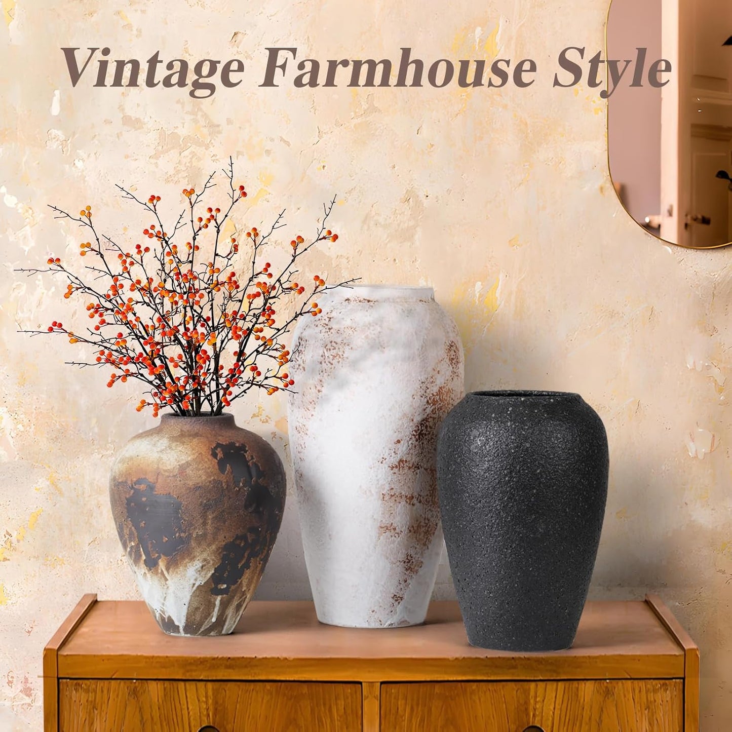 Rustic Vase for Flowers, 8.9'' Brown Farmhouse Ceramic Vases for Home Decor, Minimalist Decorative Vase for Living Room, Entryway, Shelf, Premium Pottery Clay Table Centerpiece Decor.