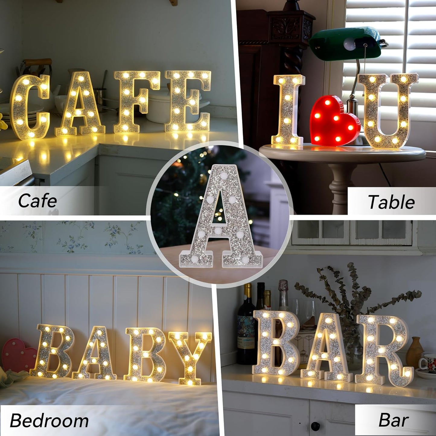 Marquee Light Up Letters, Glitter Silver LED Letter Lights Battery Powered Alphabet Letter Sign for Night Light Wedding Birthday Party Cafe Bar Decoration Girls Room Decor - P
