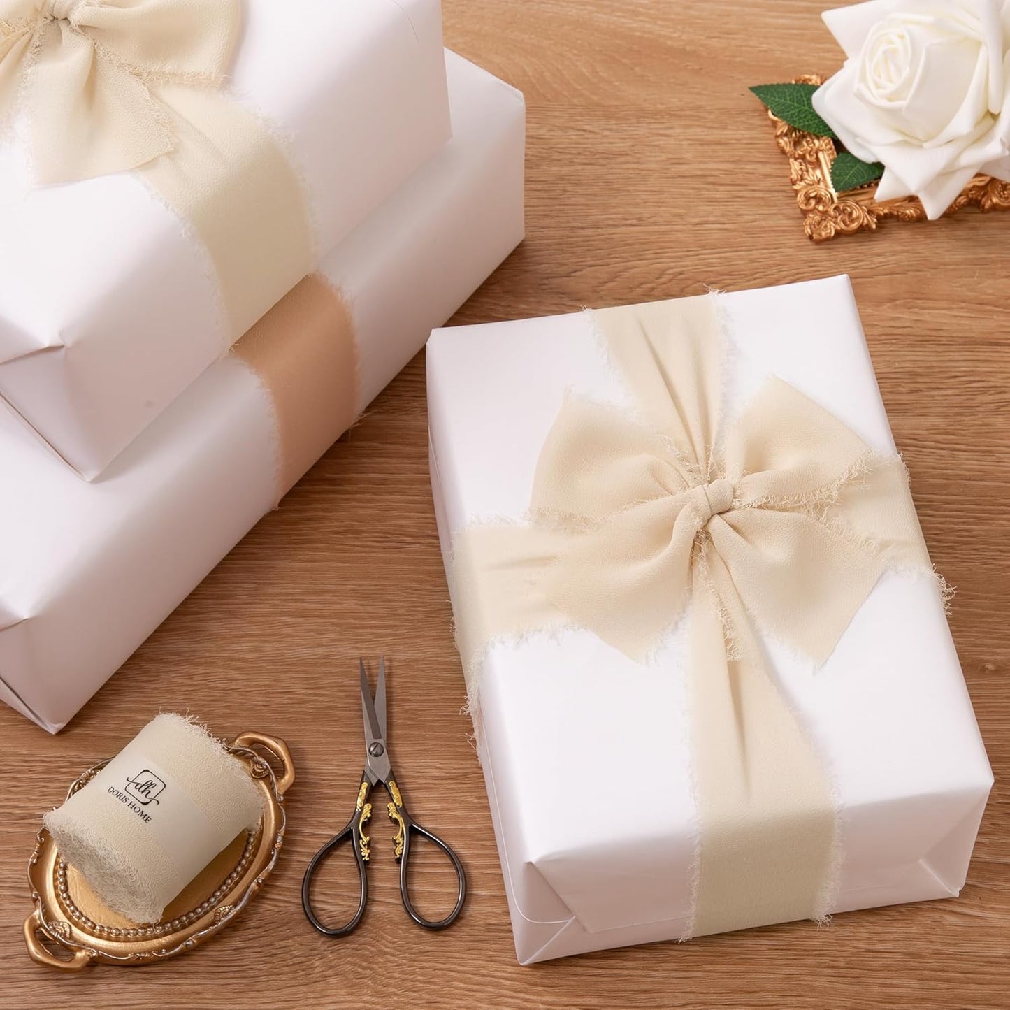 DORIS HOME Sand Chiffon Ribbon for Flower Bouquet, 2" x21Yd Fabric Ribbon for Gift Wrapping, Handmade Frayed Ribbon for Wedding, Chiffon Silk Ribbon for Christmas Decorations