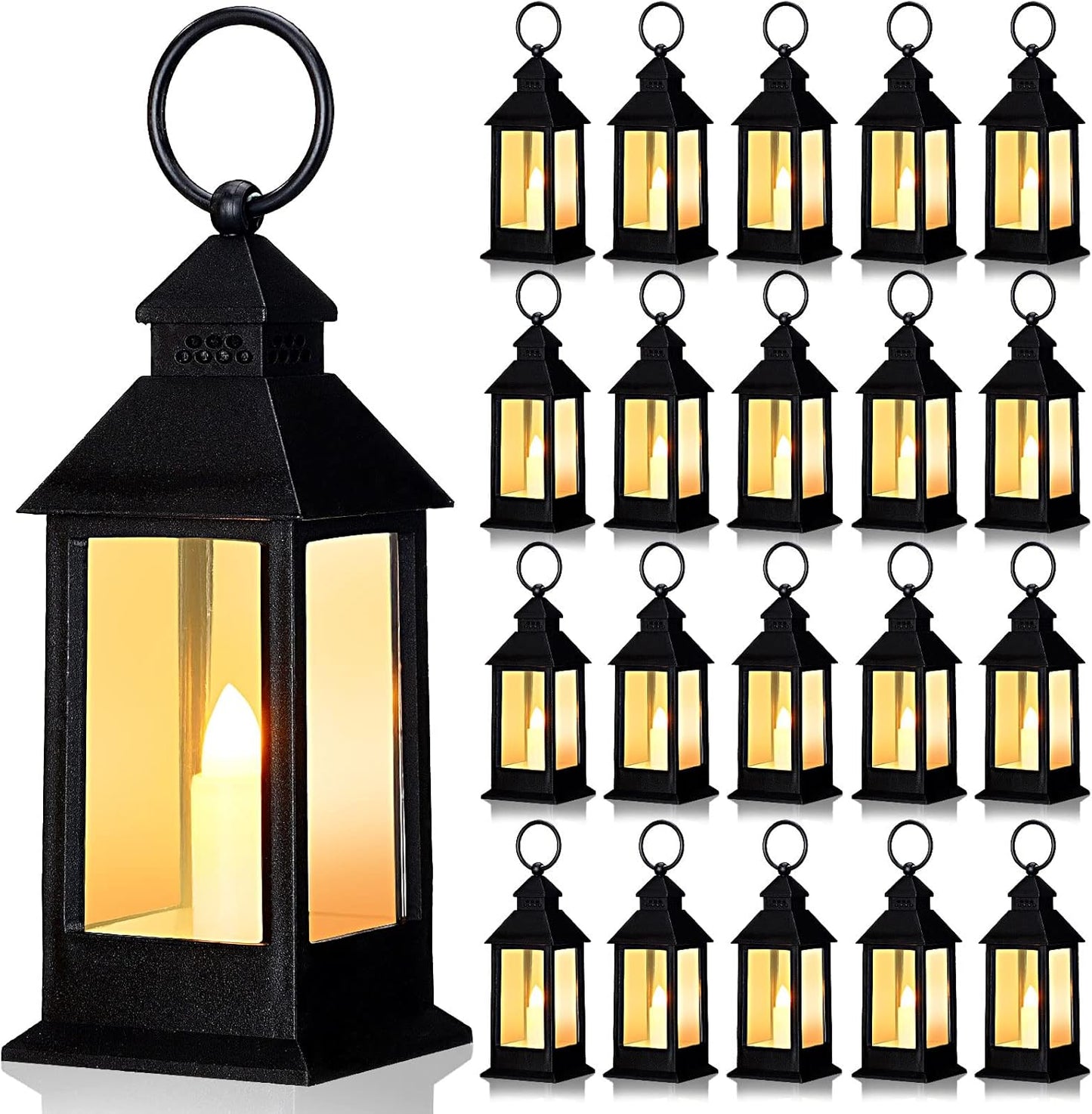 Hoolerry 24 Set Halloween Mini Lanterns with LED Candles 5.5'' Decorative Hanging Small Vintage Lantern Centerpiece Battery Powered for Wedding Table(Black)