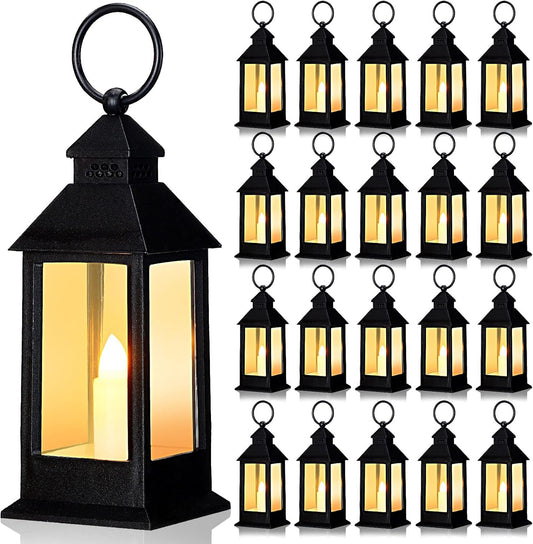 Hoolerry 24 Set Halloween Mini Lanterns with LED Candles 5.5'' Decorative Hanging Small Vintage Lantern Centerpiece Battery Powered for Wedding Table(Black)
