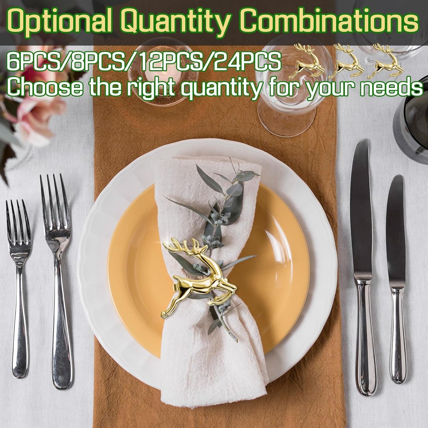 ZeeDix Gold Reindeer Christmas Napkin Rings Set of 12, Napkin Holder Ring for Christmas Dinner Table Decor Cloth Napkins, Wedding Receptions, Holiday Party, Banquet and Home Kitchen