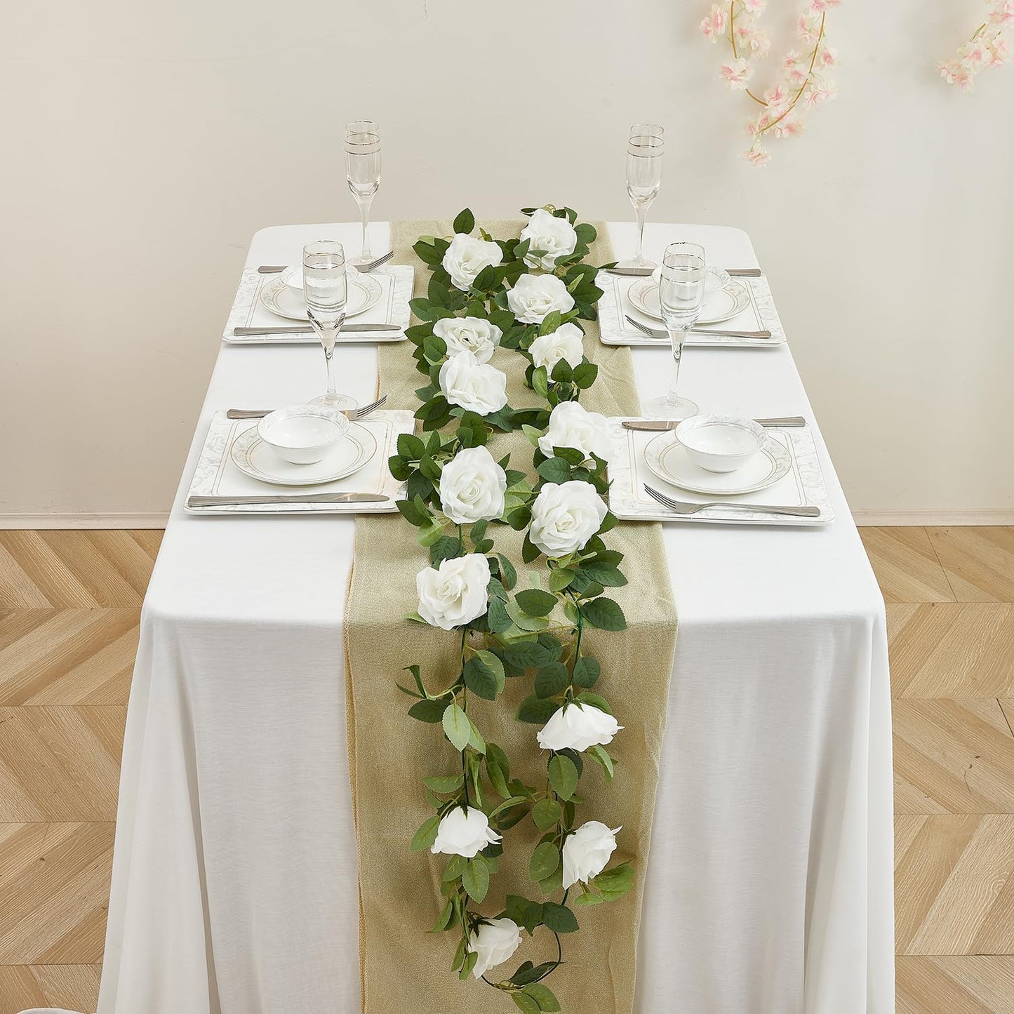 White Artificial Rose Garlands Rose Vines Leaves Banners Hanging Floral Garland Fake Rose Flower Vine for Wedding Arch Ceremony Home Garden Outdoor Party Wall Decorations