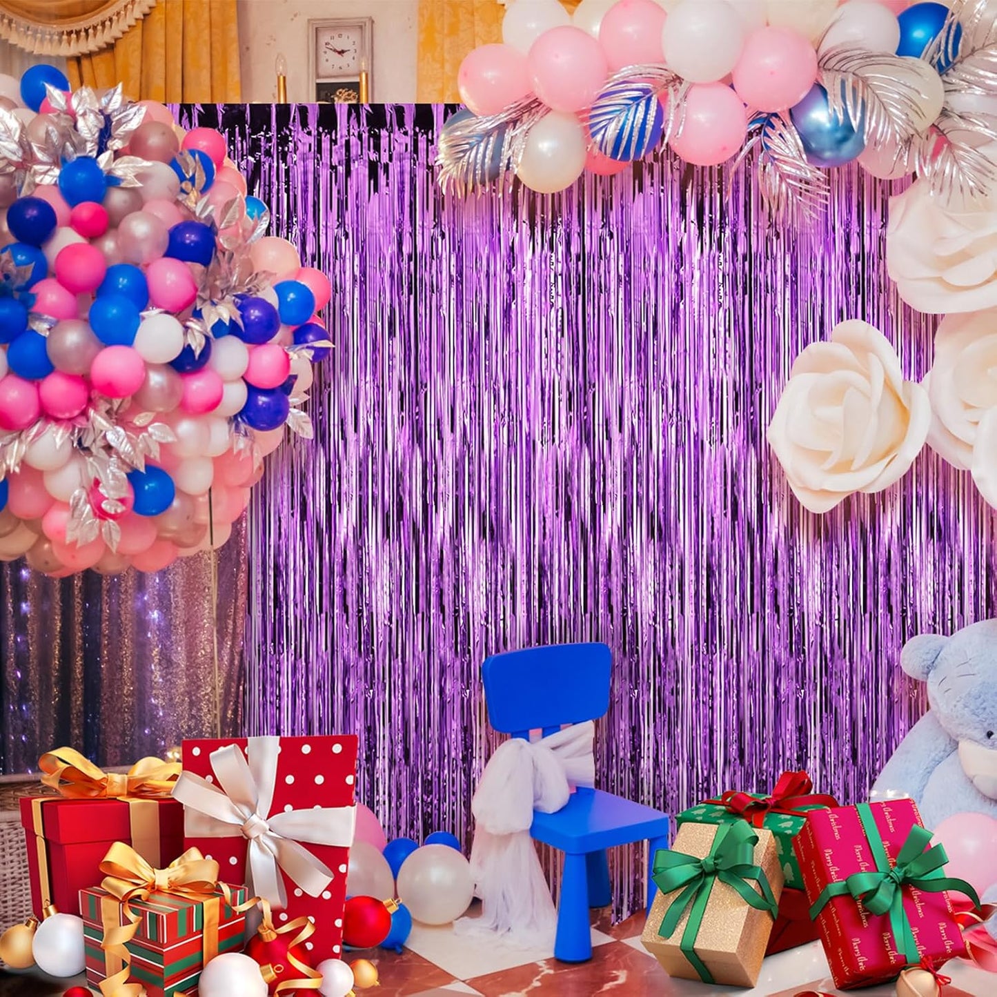 Crosize 3 Pack 3.3 x 9.9 ft Purple Foil Fringe Backdrop Curtain, Streamer Backdrop Curtains, Streamers Birthday Party Decorations, Tinsel Curtain for Parties, Galentines Decor