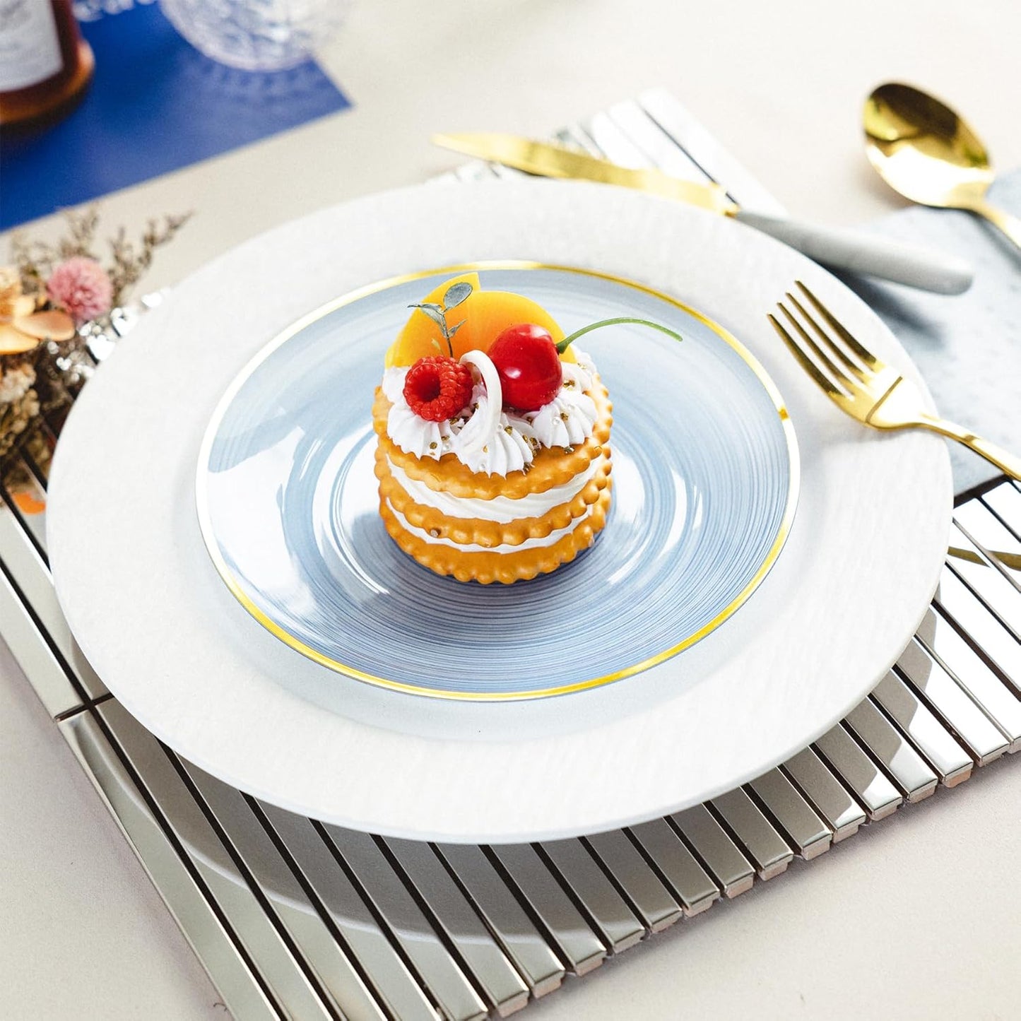 100PCS Transparent Blue Gold Plastic Plates, 7 Inch Heavy Duty Disposable Dessert Plate with Gold Rim, Round Appetizer/Salad Plates for Wedding, Party, Camping, Picnic