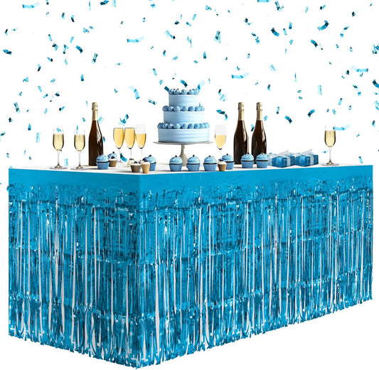 8 Pack Lake Blue Table Skirts, 29x108" Metallic Foil Tinsel Fringe Table Skirts for Rectangle Tables Streamer Curtains Backdrop, Party Decorations for Birthdays Weddings Holidays