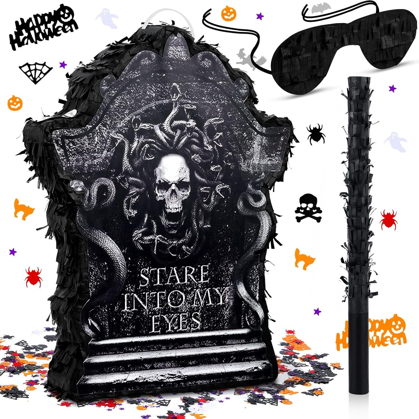 Halloween Tombstone Piñata Halloween Confetti Spooky Ghost Piñata with Stick Paper Eye Mask for Party Birthday Parties Events Themed Fillable for Candy Treat (Tombstone)
