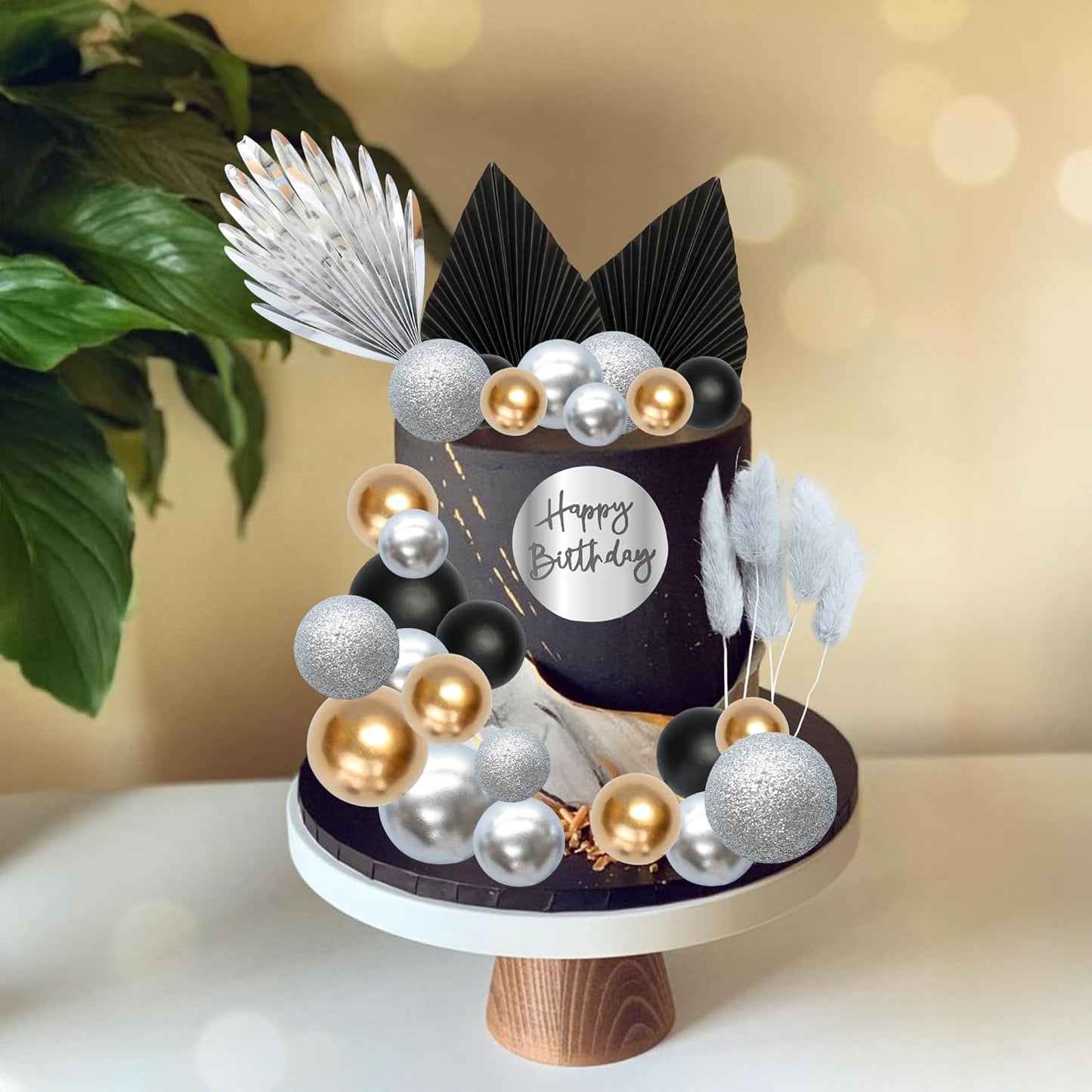 Ephlyn 33 Pack Balls Cake Toppers Boho Palm Leaves Cake Decorations Round Acrylic Happy Birthday Cupcake Toppers for Birthday Wedding Baby Shower Party Supplies Black Silver
