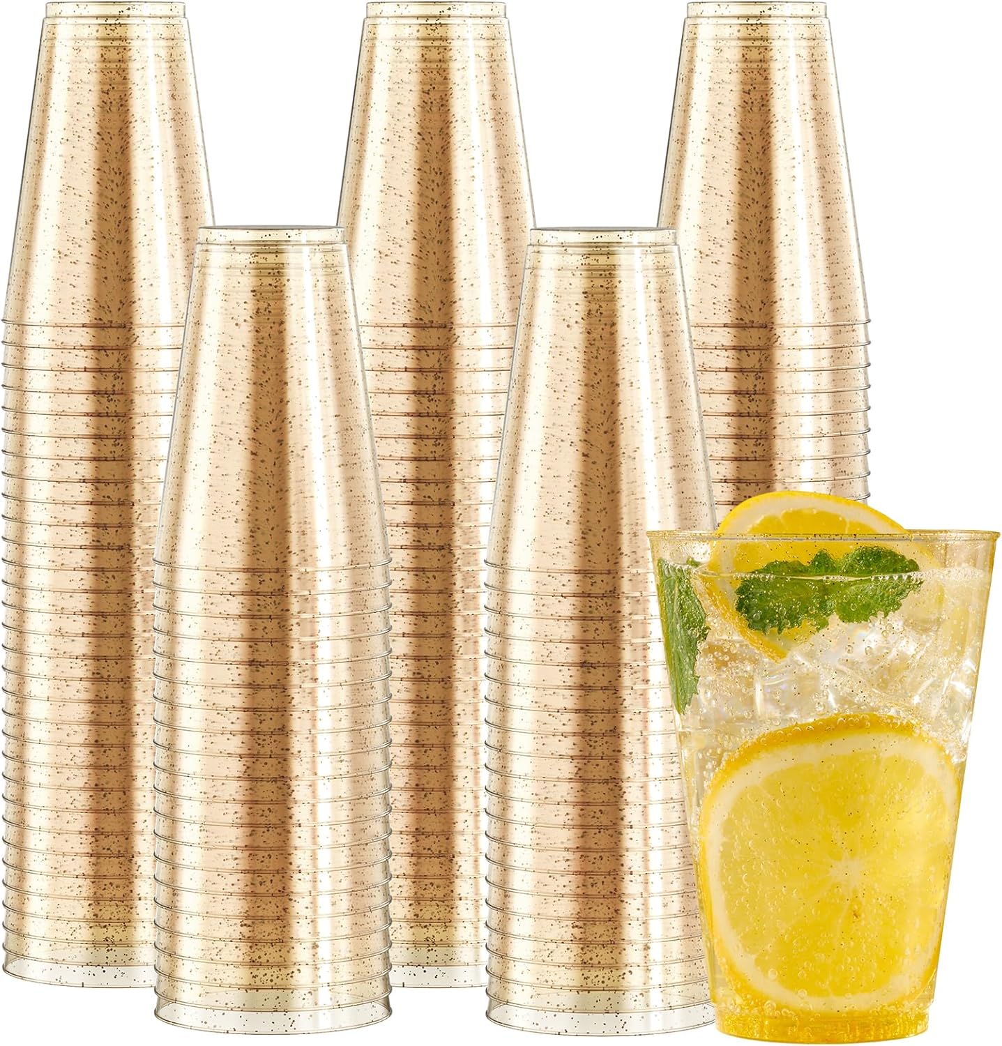 JOLLY CHEF 14 oz 200 Pack Gold Plastic Cups, Gold Glitter Heavy-Duty Disposable Cups Party Cups Tumblers, Ideal for Wedding & Party