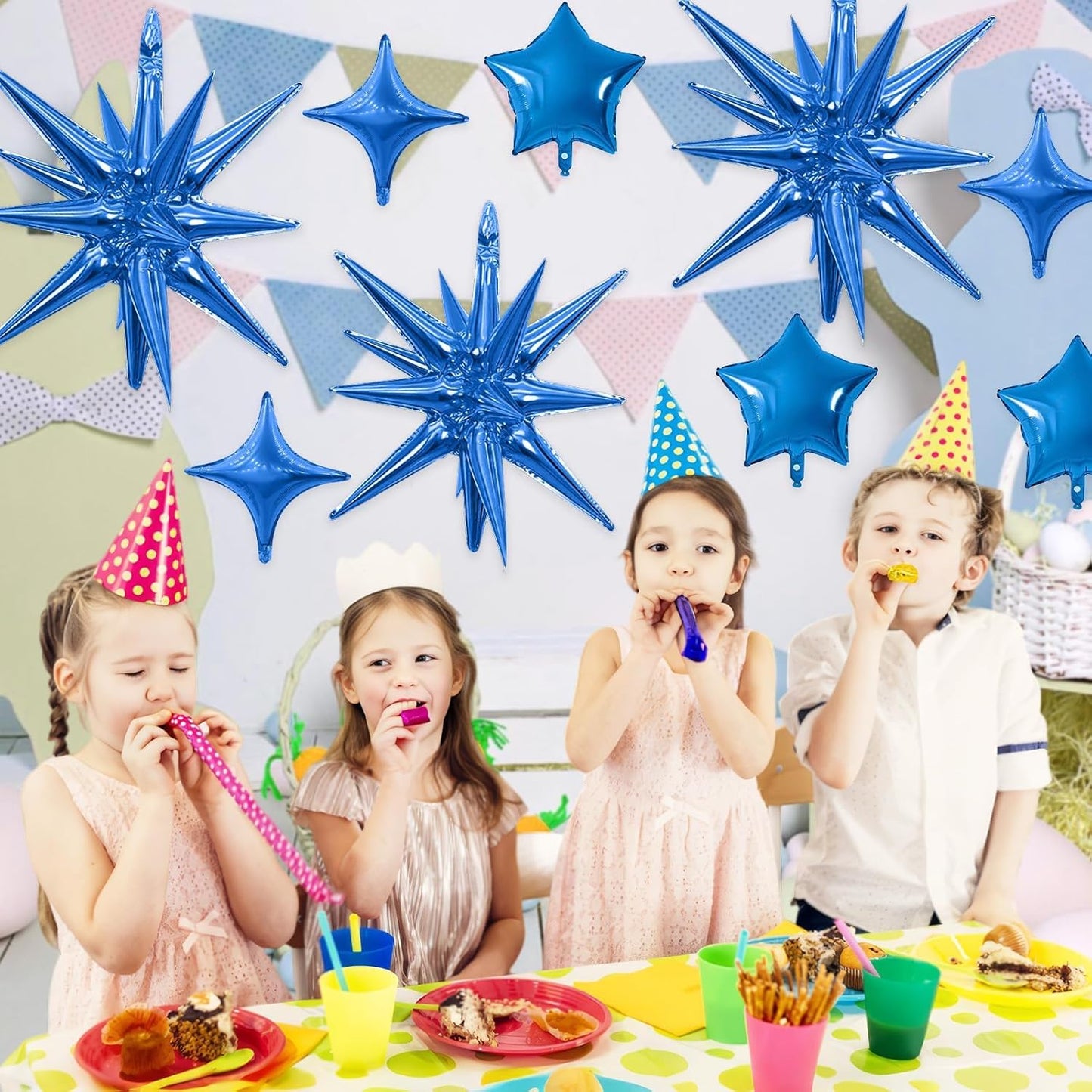 Blue Star Balloon,16Pcs Star Foil Balloons Set with 22Inch Explosion Spike Cone Balloons and 10Inch Quadrangle Helium Balloon for Birthday Wedding Baby Shower Party Decorations