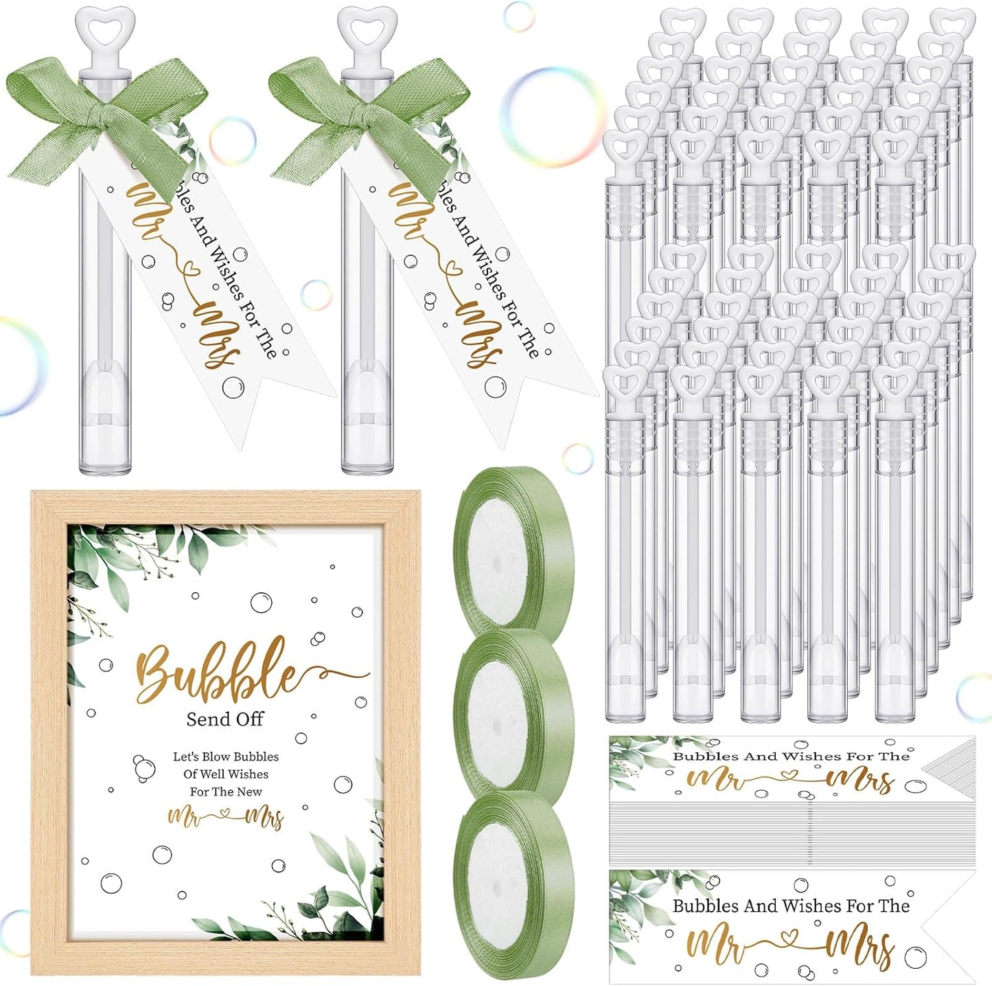 405 Pcs Wedding Bubbles Wands Set Include Heart Bubble Wands Bubbles Send Off Cards Gift Tags Wood Photo Frame Ribbons for Wedding Send Off Party Favors(Sage Green)