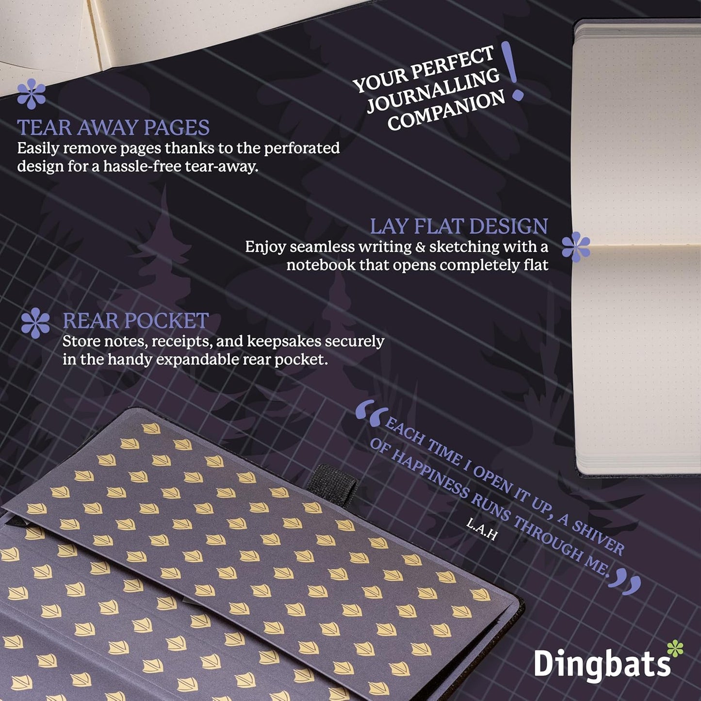 Dingbats* Wildlife Grid Journal Notebook A5 - Vegan Leather Hard Cover, Ideal for Work, Travel - Pocket, Elastic Closure, Bookmark