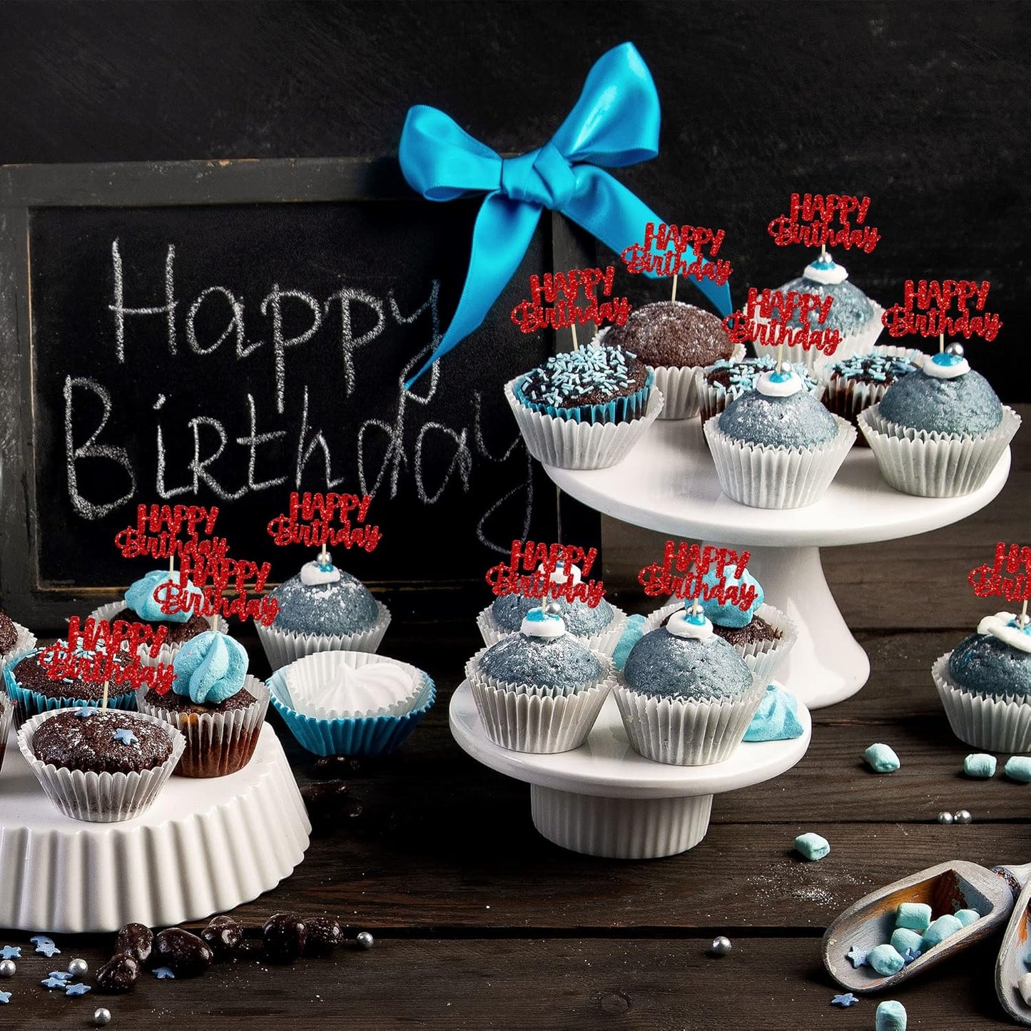 Gyufise 24pcs Happy Birthday Cupcake Toppers - Glitter Cupcake Food Picks for Celebrating Theme Party Cake Decorations - Red