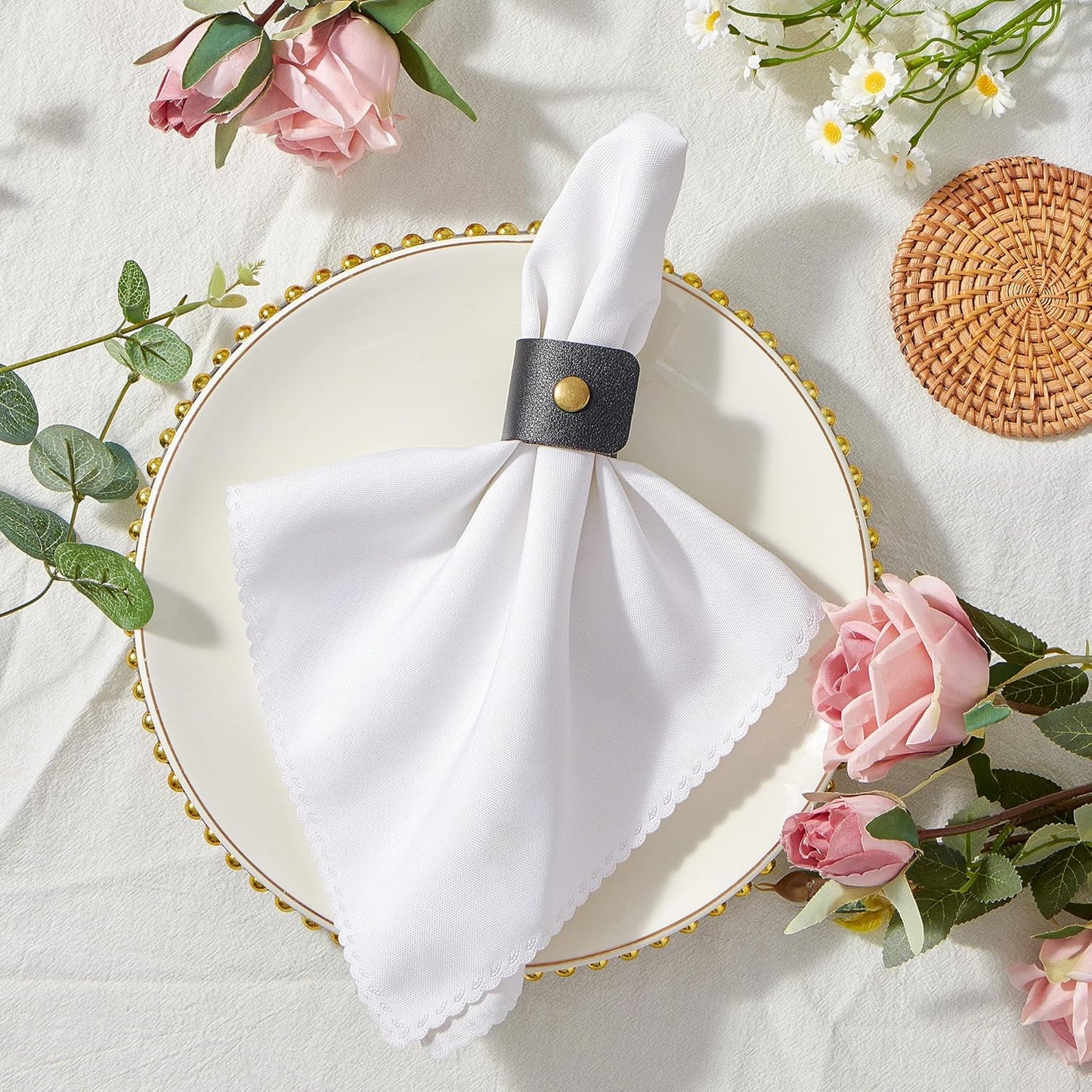 APTWOW Leather Napkin Rings Set of 12 - Fall Thanksgiving Napkin Holder, Black Halloween Vintage Farmhouse Napkin Rings Bulk for Wedding Party Birthday Banquet Table Decor and Daily Use