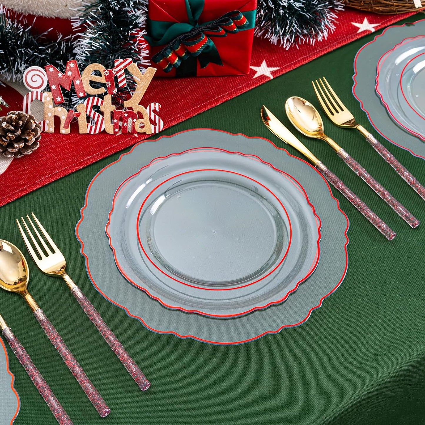 Liacere 150PCS Clear and Red Plastic Plates-Clear Red Disposable Plates with Glitter Bamboo Handle Cutlery-60 Baroque Elegant Plates,30 Forks,30 Spoons,30 Knives for Wedding&Mother's Day