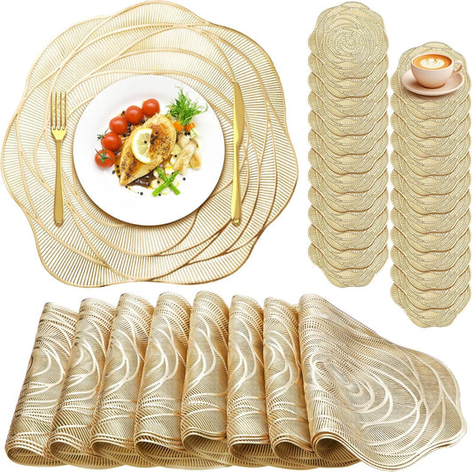 Sieral 24 Set 15 Inch Round Pressed Vinyl Placemats Hollow Out Rose Placemat Set Metallic Slip Resistant Place Mat Coaster Including Place Mats and Coasters for Wedding Dining Kitchen (Gold)