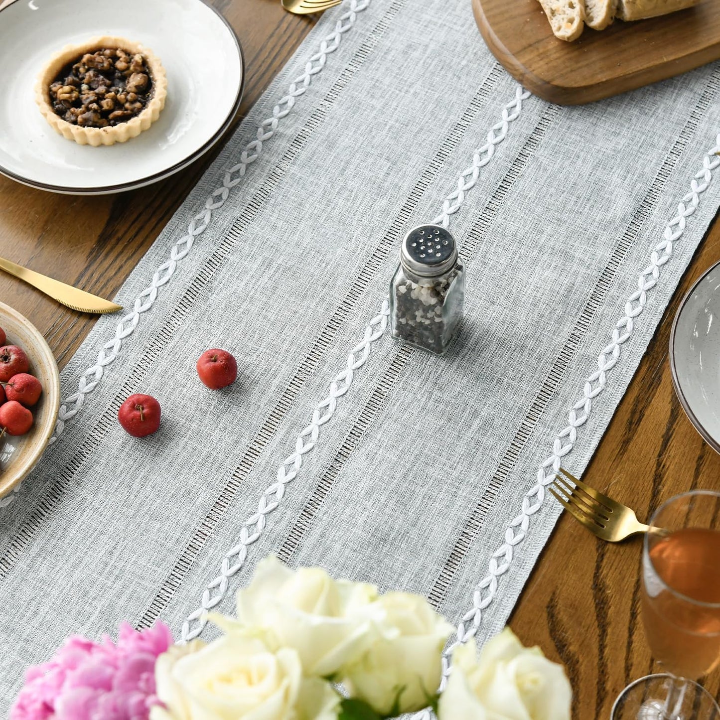 Artoid Mode Grey Rustic Cotton Linen Table Runner, Seasonal Embroidered Hollow Kitchen Dining Table Decoration for Home Party Decor 13x108 Inch