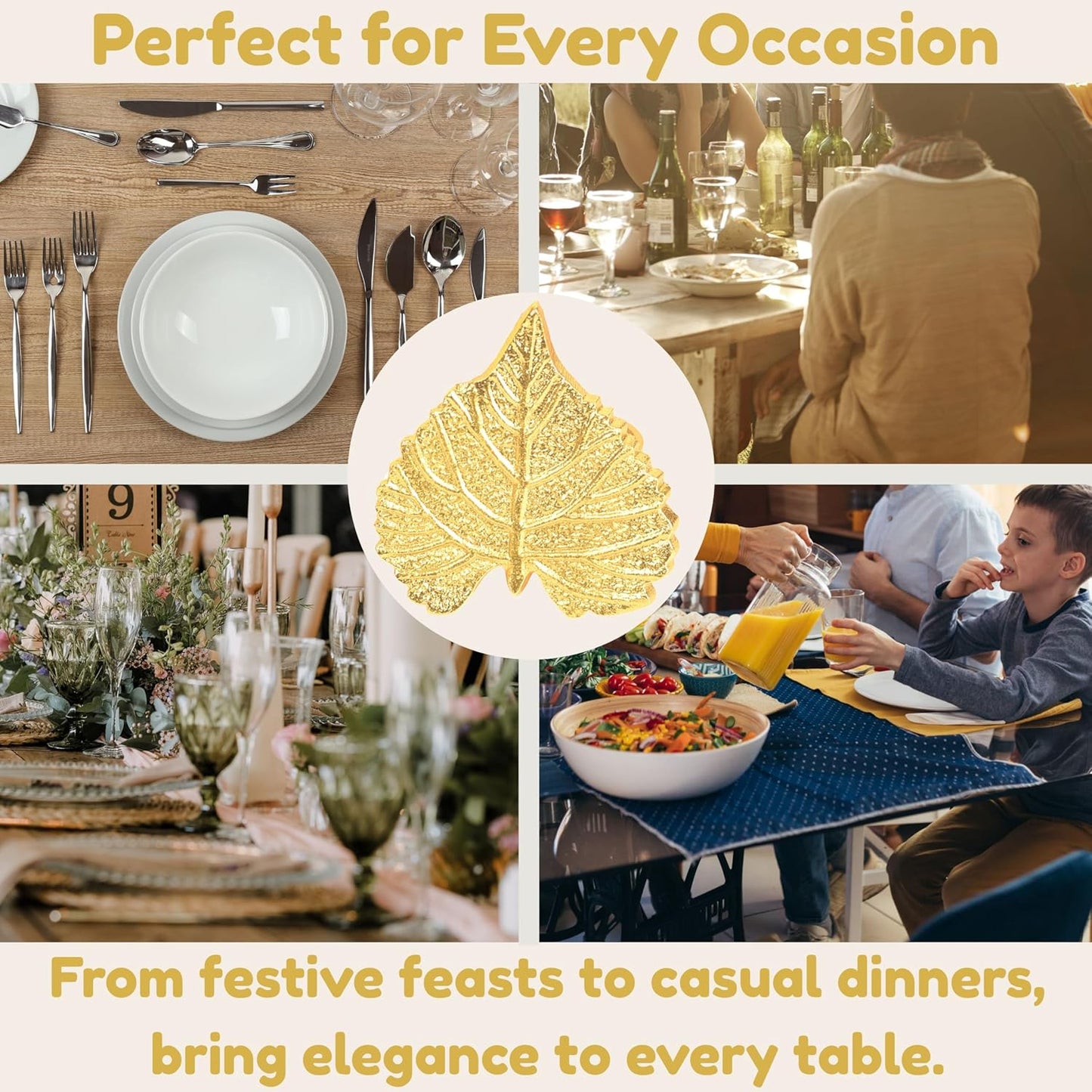 Elegant Handcrafted Leaf Napkin Rings - Set of 12 Premium Aluminum Holders for Dinner Parties, Weddings, Special Occasions & Everyday Dining (Gold) - CLEENTABLE