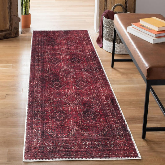 Bloom Rugs Washable Non-Slip 10 ft Runner - Dark Red Traditional Bordered Runner for Entryway, Hallway, Bathroom, and Kitchen - Exact Size: 2.5' x 10'