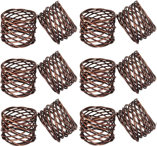 Handmade Copper Antique Round Mesh Napkin Rings Holder for Dinning Table Parties Everyday, Set of 12