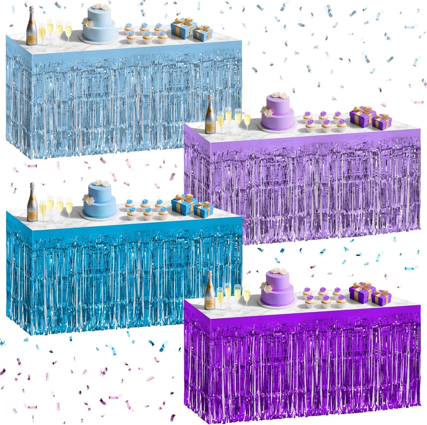 4 Pack Blue Purple Series Table Skirts, 29x108" Metallic Foil Tinsel Fringe Table Skirt for Rectangle Tables Streamer Curtains Backdrop, Party Decorations for Birthdays, Weddings, Holidays