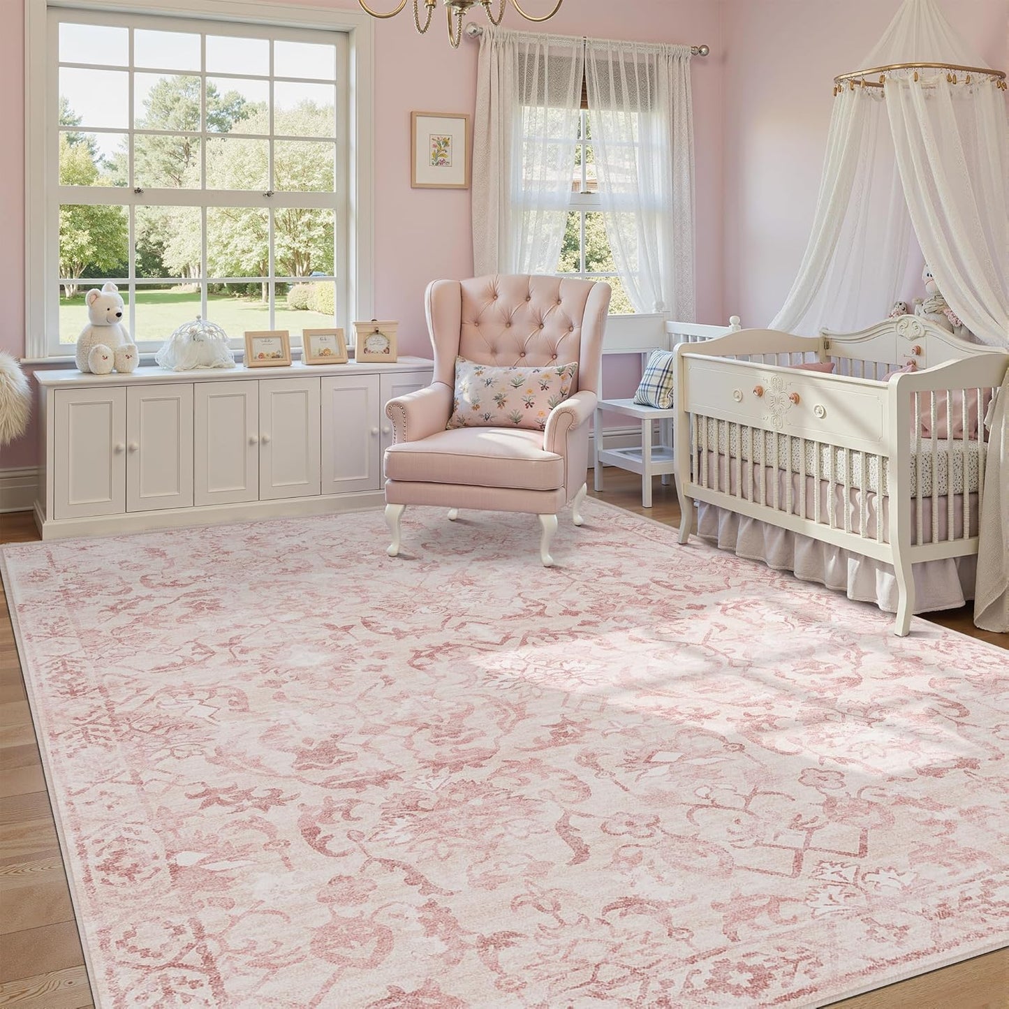 Pink Area Rugs 7x9 for Living Room, Washable Vintage Rugs for Bedroom, Distressed Throw Rug, Non Slip Rug Carpet for Bedroom Dining
