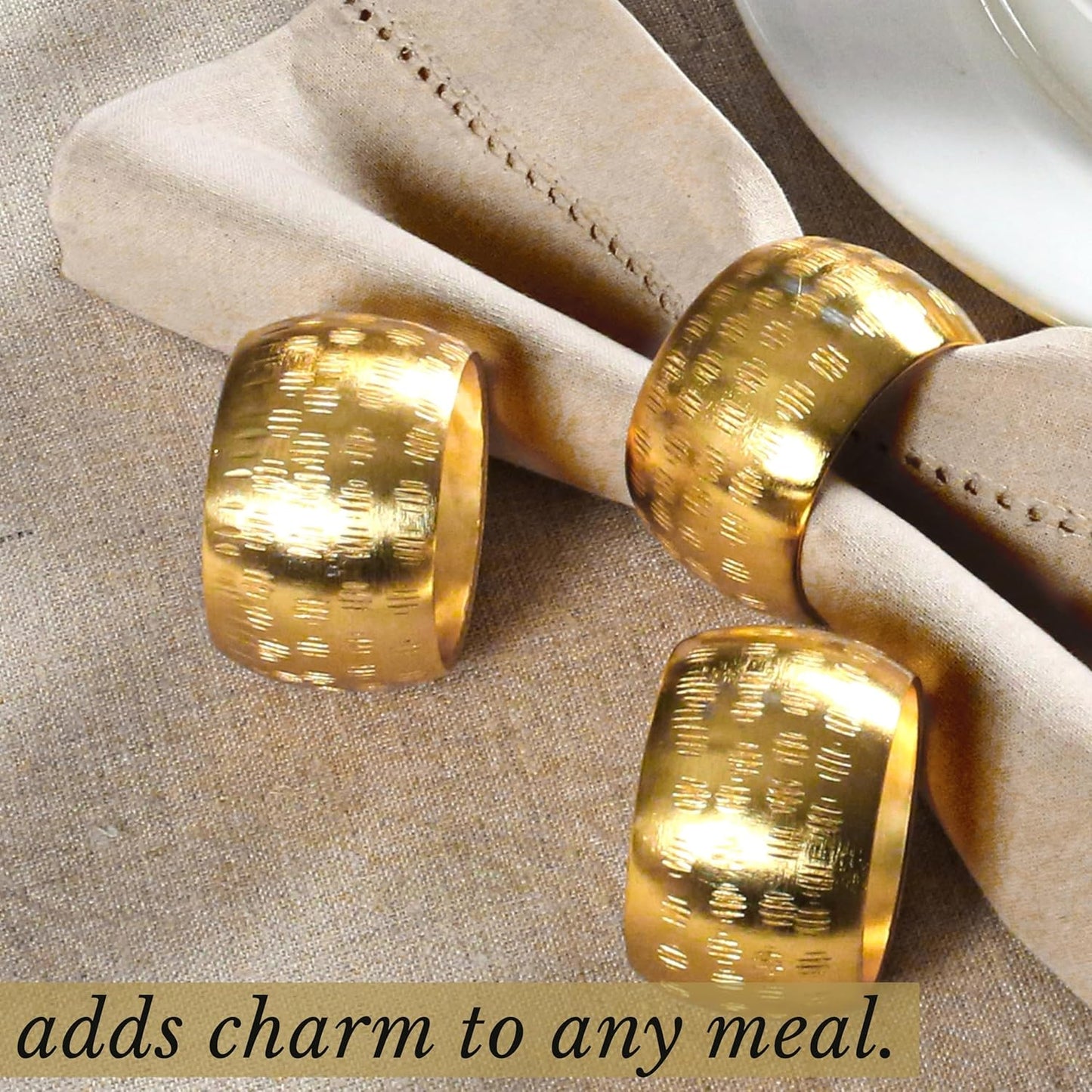 Napkin Rings Set of 12, Metal Napkin Holder Cuffs for Dinner Table Décor, Round Textured Farmhouse Modern Serviette Rings for Christmas, Weddings, Receptions, Daily Use, Gold - ALPHA Living HOME