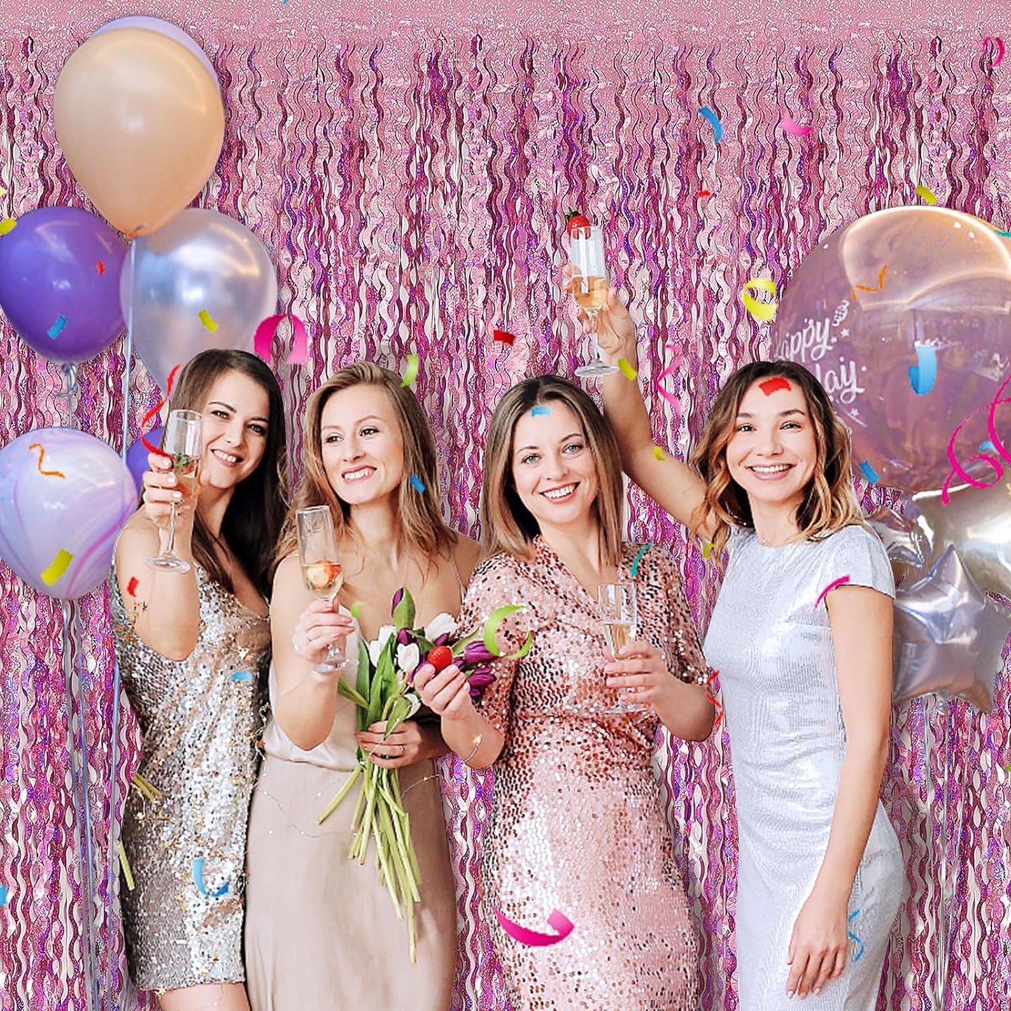Tinsel Foil Fringe Curtains Wavy Backdrop for Parties Sparkle Metallic Wavy Foil Fringe Backdrop Curtain for Party Decorations Photo Booth Props for Birthday Graduation Wedding
