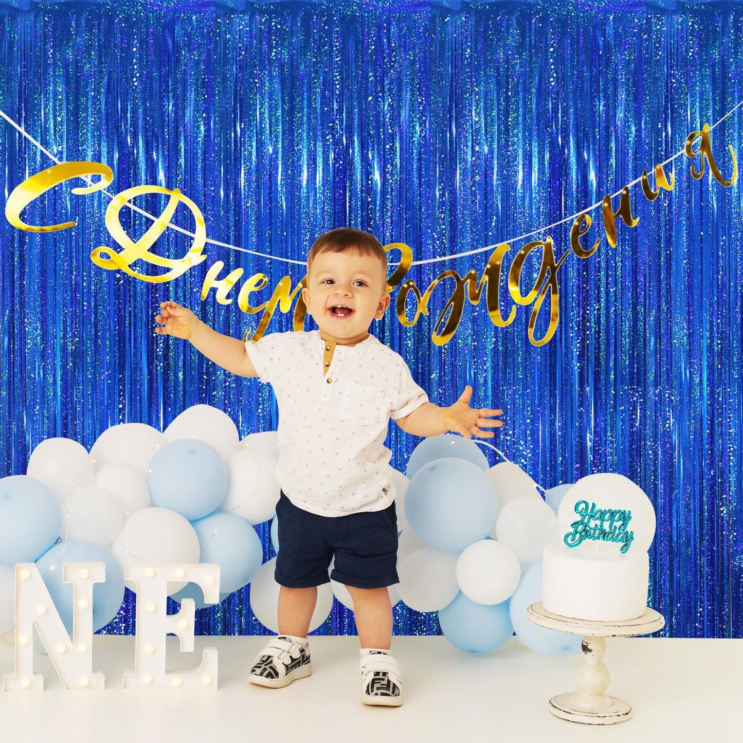 GOER 3.2 ft x 8.2 ft Metallic Tinsel Foil Fringe Curtains Party Photo Backdrop Party Streamers for Birthday,Graduation,New Year Eve Decorations Wedding Decor(4 Packs,Shiny Blue)
