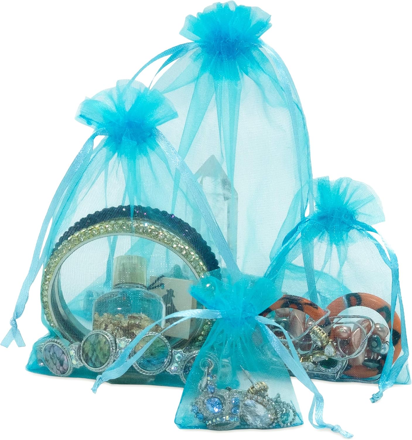 TheDisplayGuys 100-Pack 3x4 Turquoise Blue Sheer Organza Gift Bags with Drawstring, Jewelry Candy Treat Wedding Party Favors Mesh Pouch