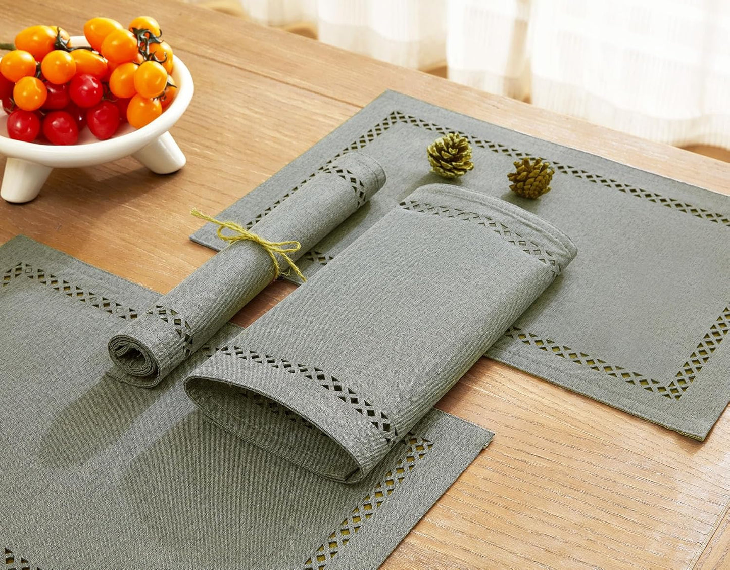 Burlap Placemats Set of 6, 12 x 18 Inch Rustic Geometric Hollow Place Mats, Heat Resistant Placemats for Farmhouse Kitchen Table Decor, Grey 6PCS