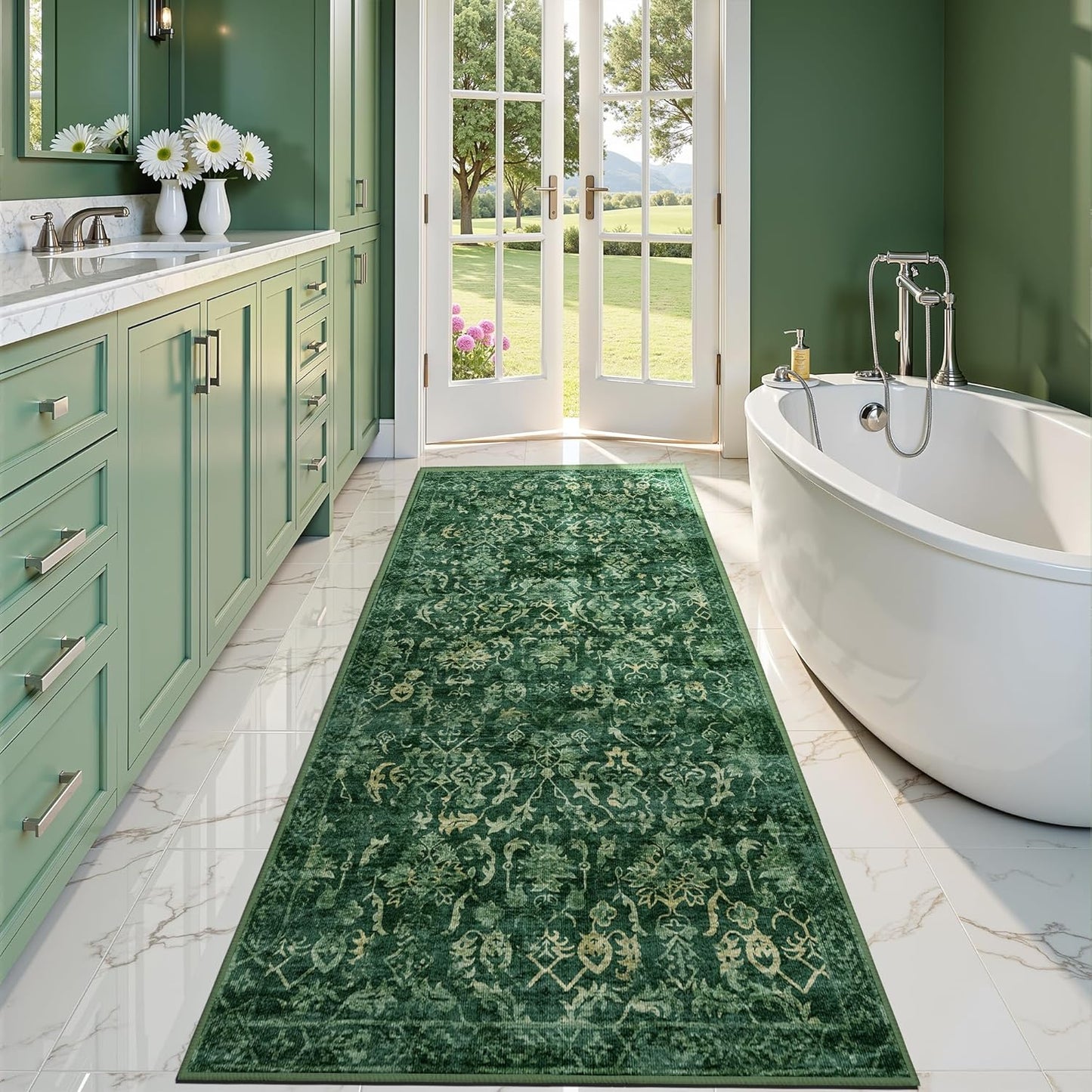 Dark Green 3x7 Runner Rug for Hallways Bed Side Kitchen, Boho Washable Distressed Low-Pile Floor Entryway Long Bathroom Mat, Non-Slip Laundry Room Washstand Front Carpet Green 36x84 Inch