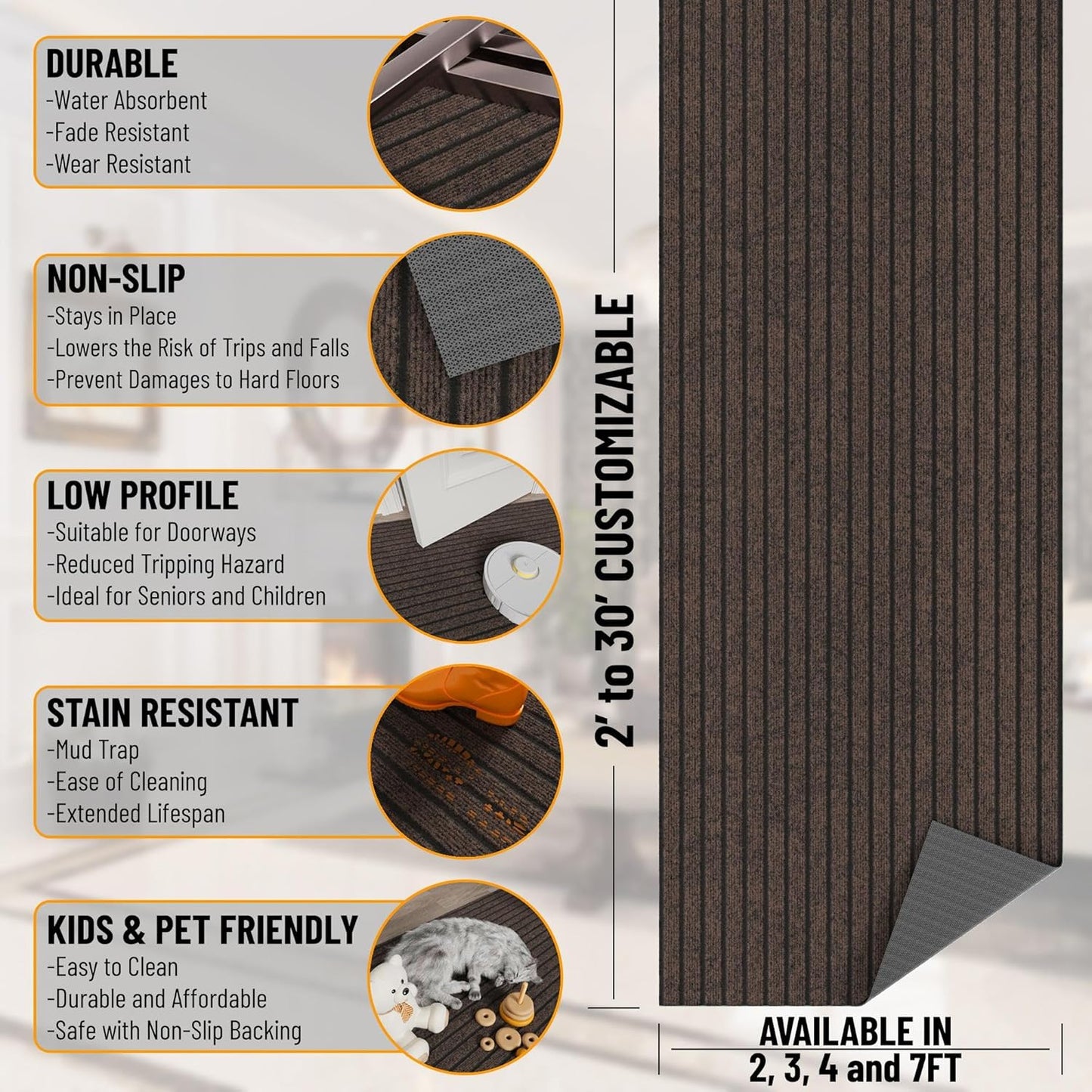 Ottomanson 2' x 5' Hallway Runner with Scraper Pile Extra Durable Non-Slip Rug Mat for Indoor & Outdoor Use - Ideal for Kitchen, Entryway, Patio & Garage - High-Traffic Carpet, Brown