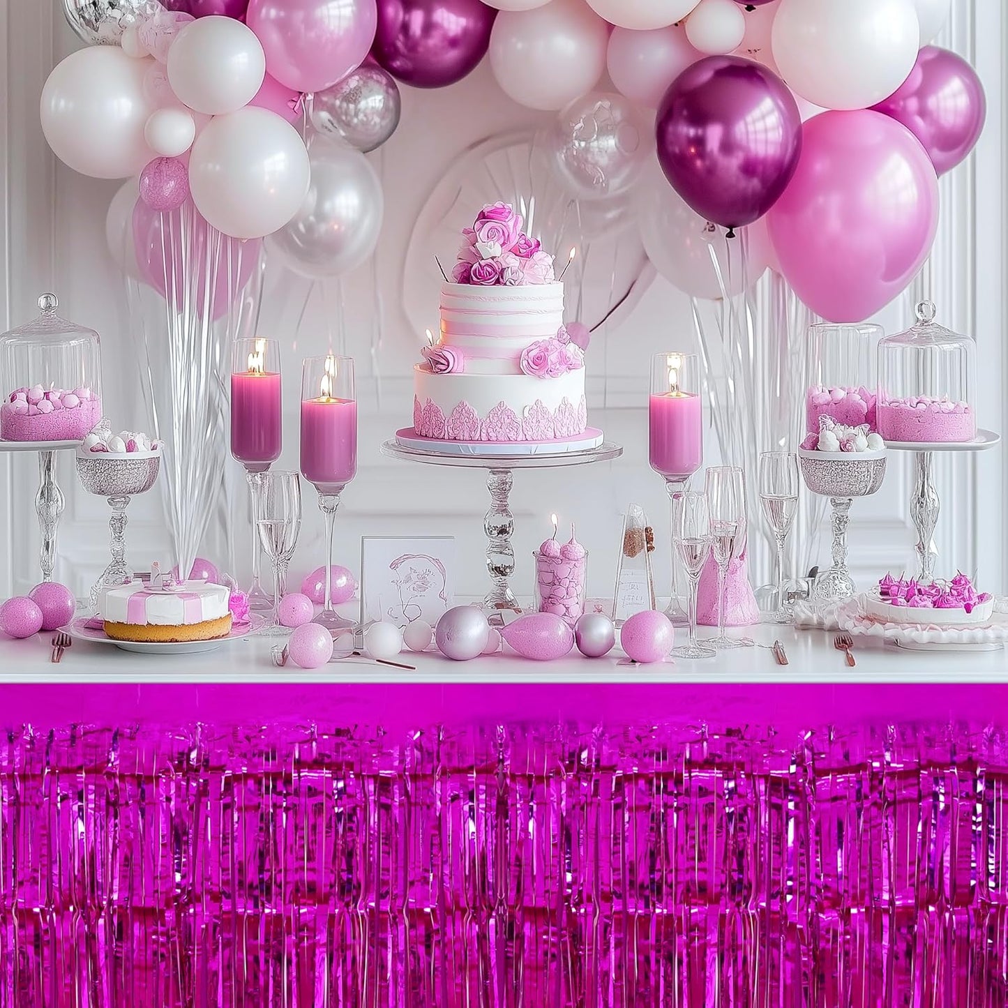 2 Pack Rose Red Table Skirts, 29x108" Metallic Foil Tinsel Fringe Table Skirts for Rectangle Tables Streamer Curtains Backdrop, Party Decorations for Birthdays Weddings Holidays