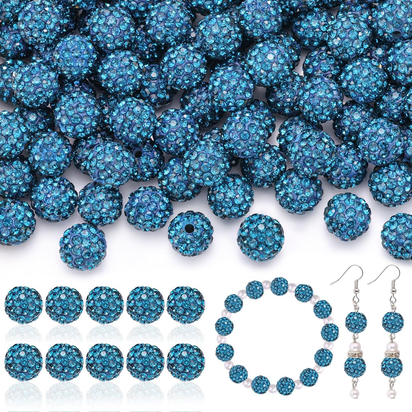 105pcs 10mm Rhinestone Beads for Jewelry Making, Blue Zircon Shiny Round Disco Ball Beads Bulk, Sparkle Crystal Clay Christmas for Bracelet Baseball Necklace Earring Crafting and DIY