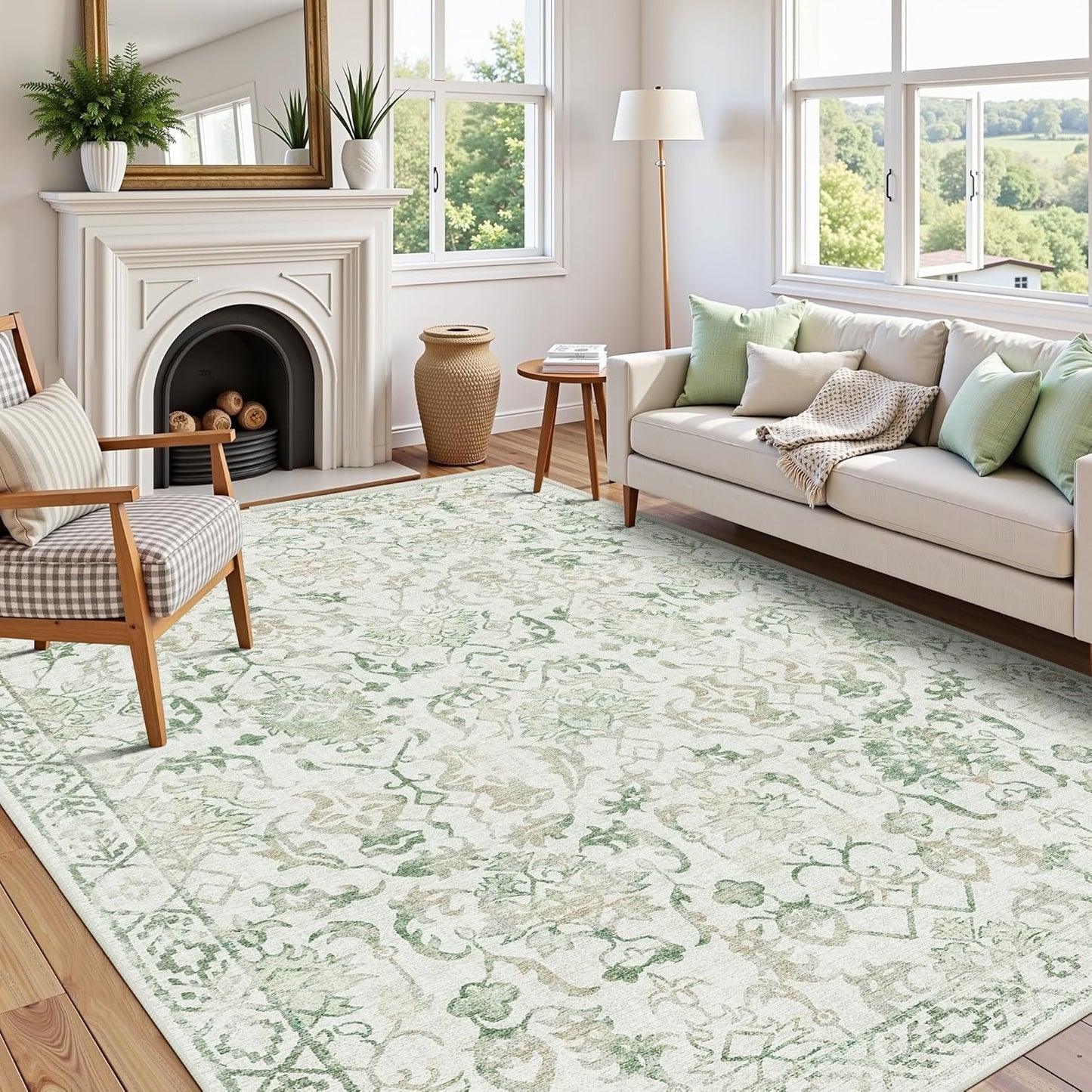 Beige Green Area Rugs 6x9 for Living Room, Washable Vintage Rugs for Bedroom, Distressed Throw Rug, Non Slip Rug Carpet for Bedroom Dining