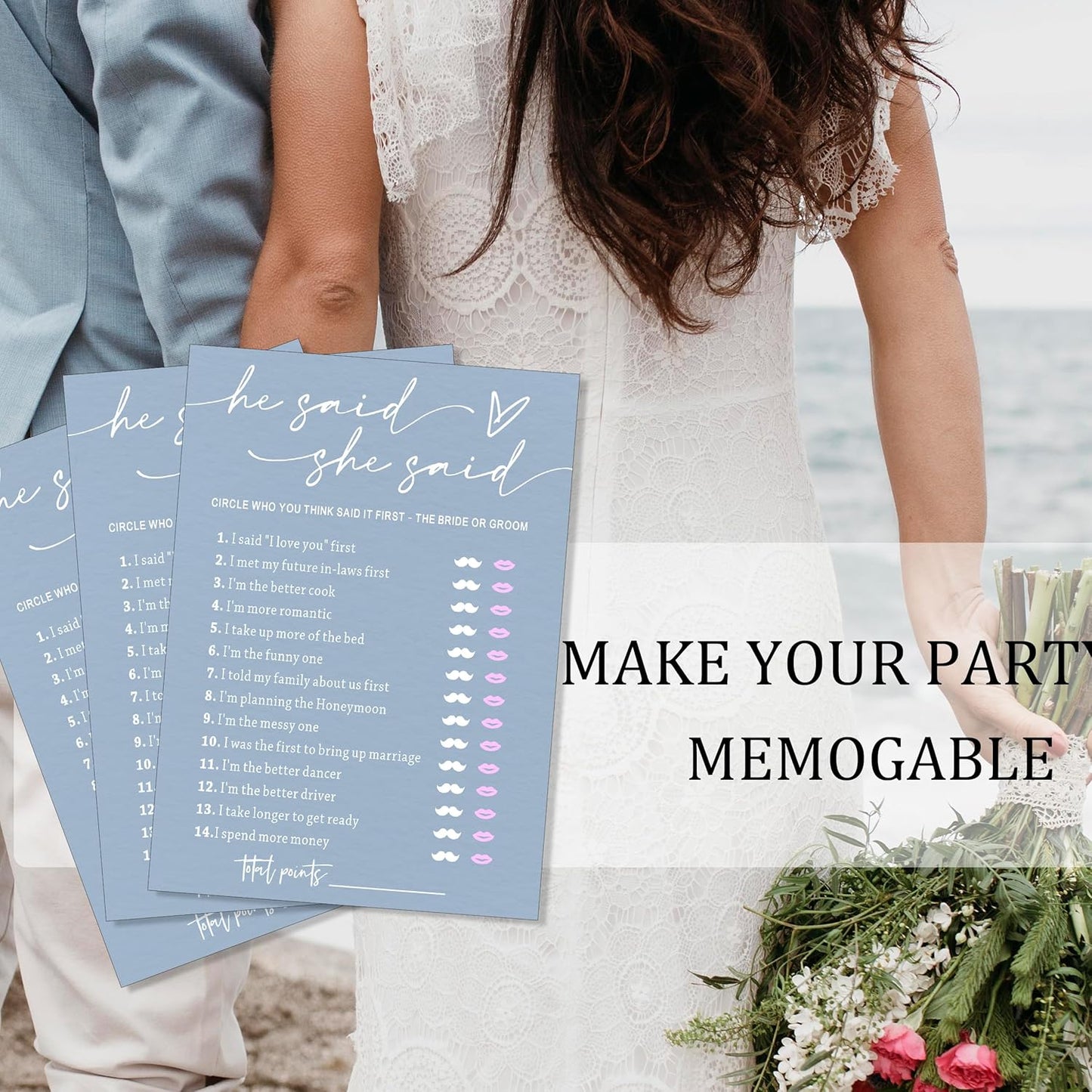 Fun Bridal Shower Games – He Said She Said Game with Fun Bride and Groom Trivia, Wedding Shower Activity Game and Favors for 25 Guests, Minimalist Blue Wedding Party Supplies - B09