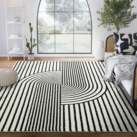 Abani Nuevo Collection Area Rug - Mid-Century Black and White Arch Knot Design - 6' x 9' - for Living Room, Bedroom & Office