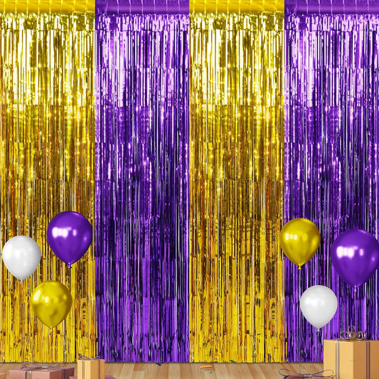 3Pack 3.3Ft x 6.6Ft Graduation Foil Fringe Curtain Backdrop Decorations, Purple Gold Metallic Tinsel Foil Streamers Curtain Photo Booth Background for Graduation Prom Wedding Birthday Party Decoration