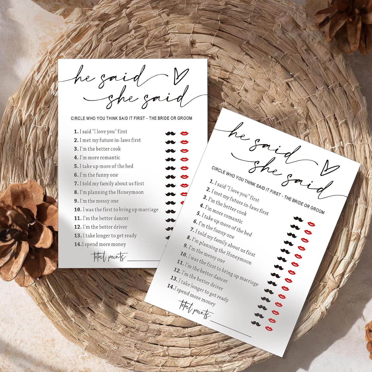 Fun Bridal Shower Games Set 25 Weddin Games Cards He Said She Said with Fun Bride and Groom Trivia Favors for 25 Guests, Minimalist White Wedding Party Supplies - A09