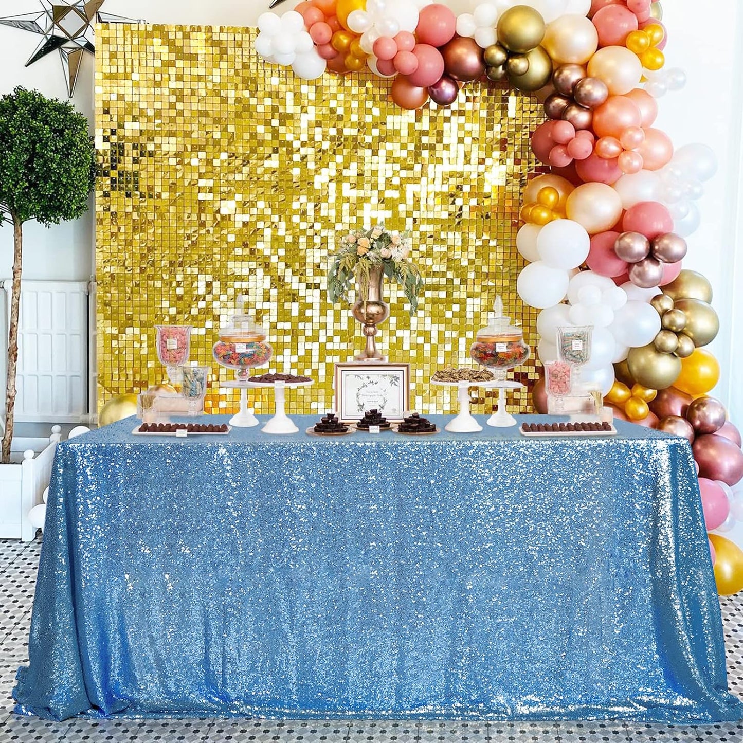 QueenDream Baby Blue Sequin Tablecloth 90x132 Inch Baby Shower Tablecloth Glitter Table Cloth for Wedding Party Decor
