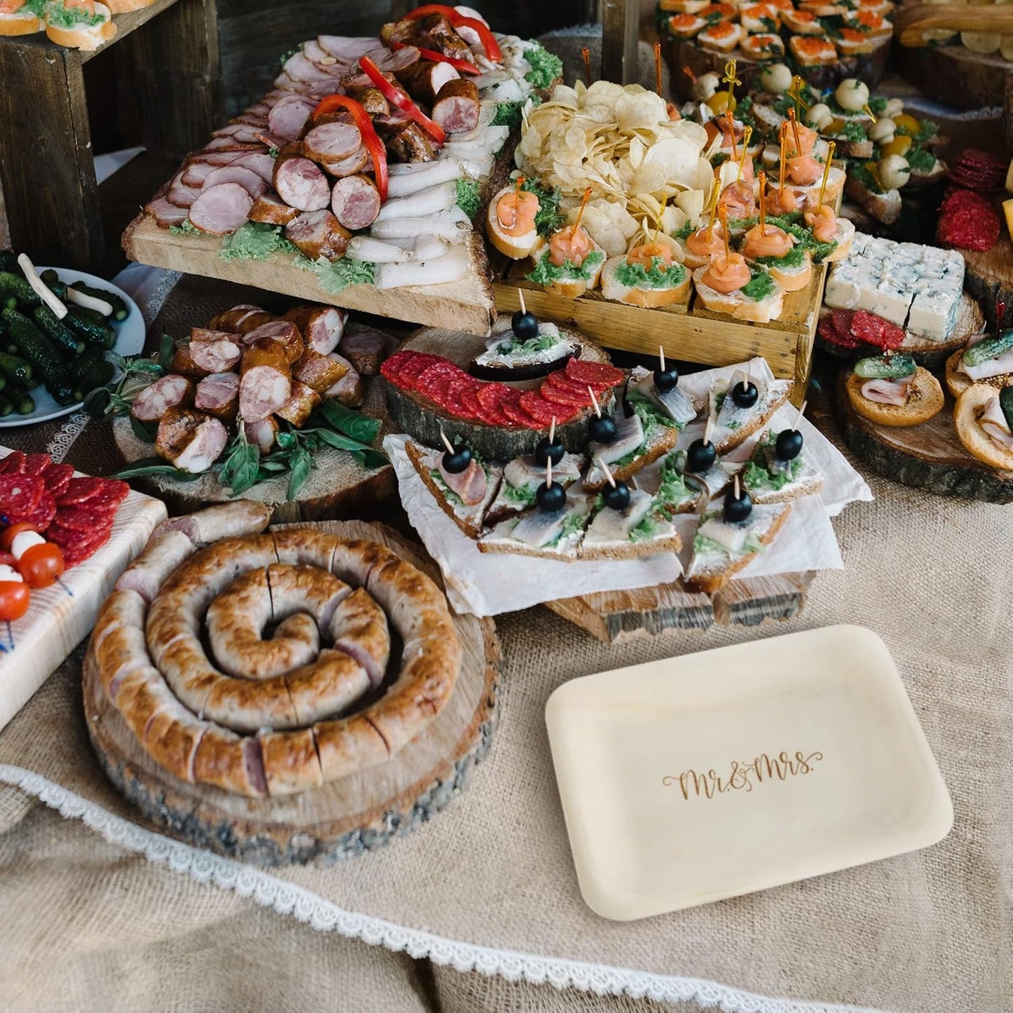 Mr. and Mrs. Disposable Wedding Plates – Rustic, Compostable Alternative to Plastic Plates for Wedding Receptions, Engagement Parties, and Rehearsal Dinners (Salad/Dessert, 50-Pack)